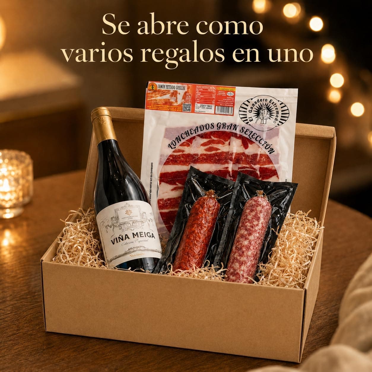 Detalle de la caja premium con viruta de madera de la cesta gourmet