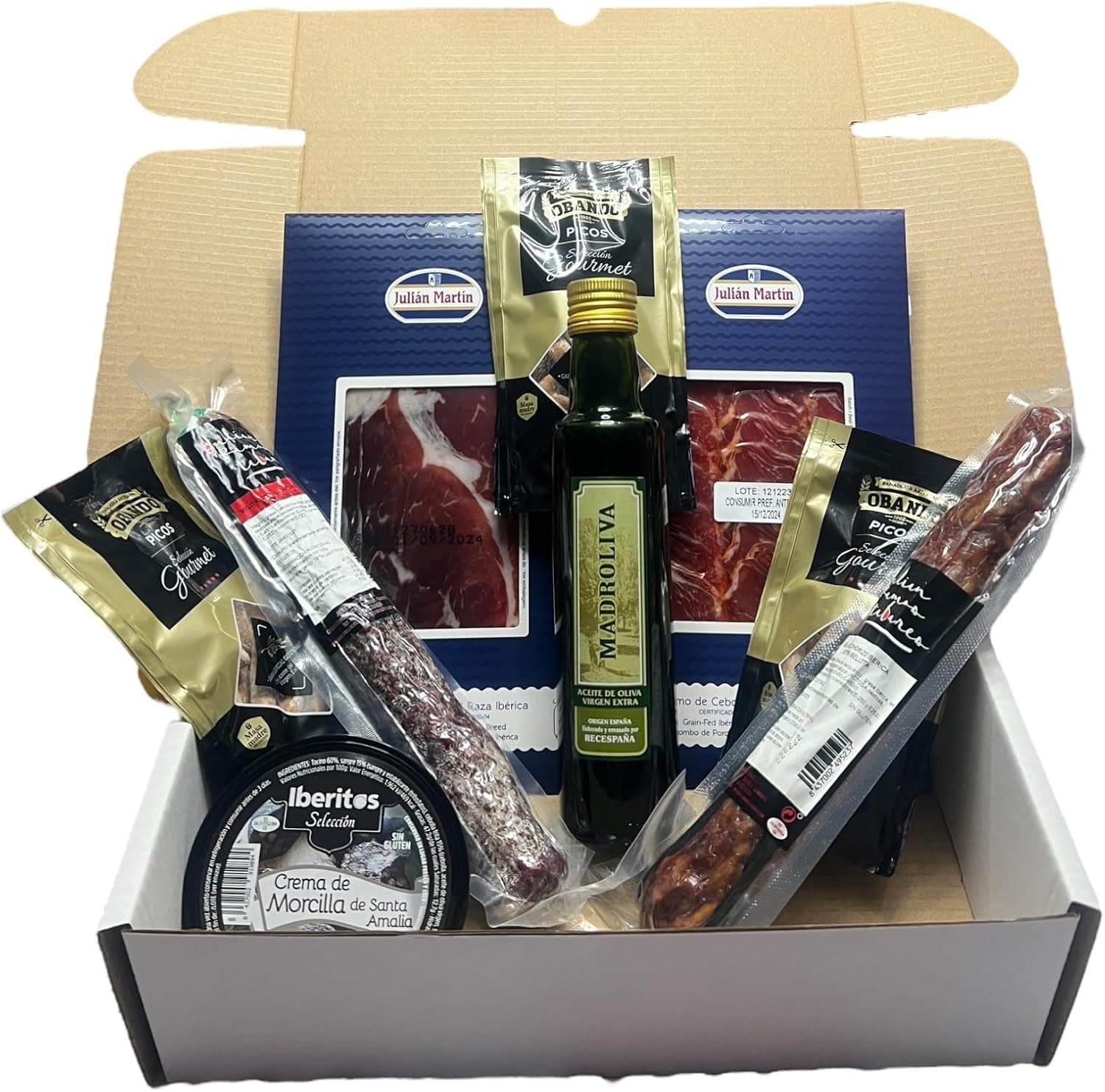 Caja con jamón y lomo ibérico cortados en sobre, chorizo y salchichón ibérico, botella de aceite de oliva virgen extra Madroliva, picos rústicos y crema de morcilla | /img/regalos/cesta-gourmet-embutidos-ibericos-vemosa-2.jpg | Segunda imagen de la cesta gourmet de embutidos ibéricos