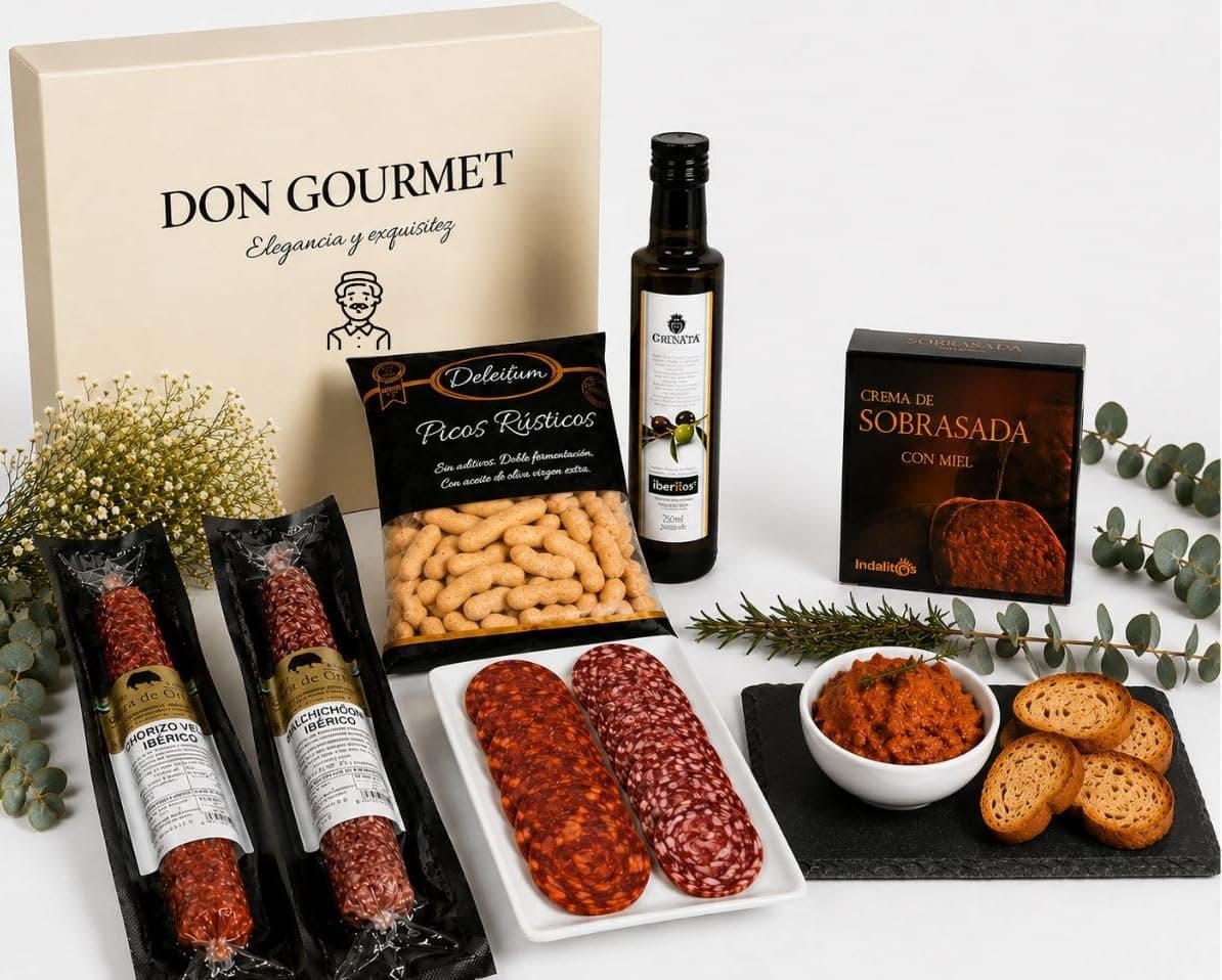 Caja Don Gourmet con chorizo y salchichón ibérico, picos rústicos, aceite de oliva virgen extra Cornata y crema de sobrasada con miel | /img/regalos/cesta-gourmet-iberica-don-gourmet-2.jpg | Segunda imagen de la cesta gourmet ibérica Don Gourmet