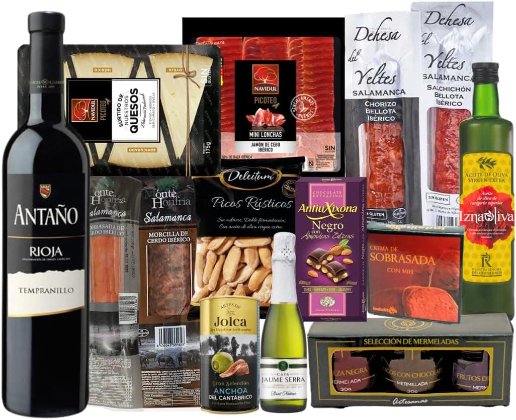 Cesta gourmet con surtido de bombones, vino, aceite y embutidos ibéricos