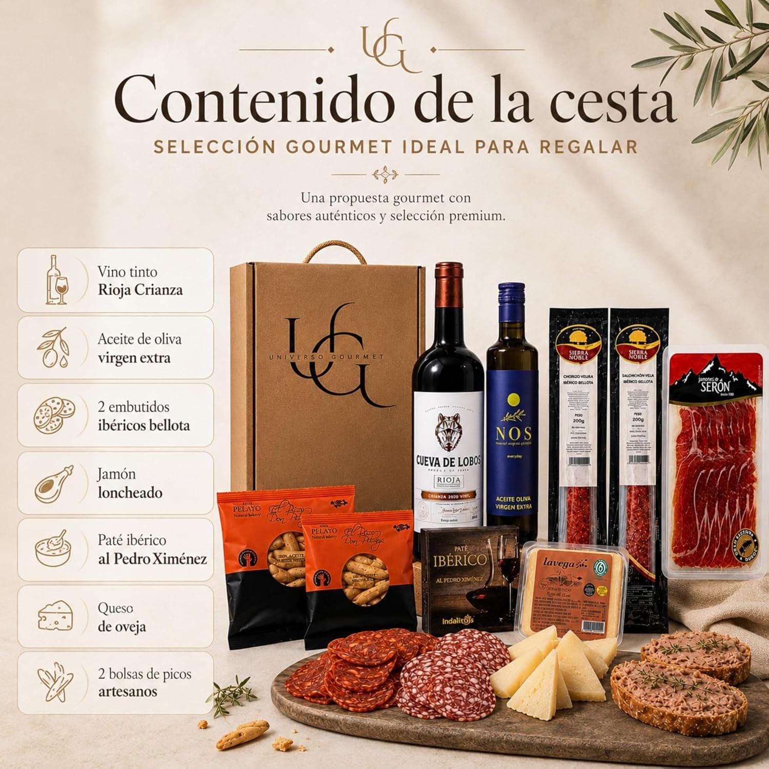 Cesta Gourmet Universo con Vino de Rioja y Paleta de Bellota, foto 2
