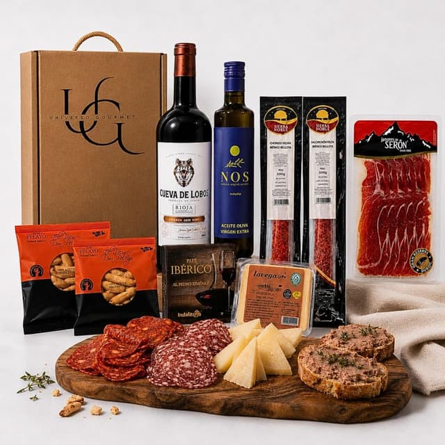 Cesta Gourmet Universo con Vino de Rioja y Paleta de Bellota
