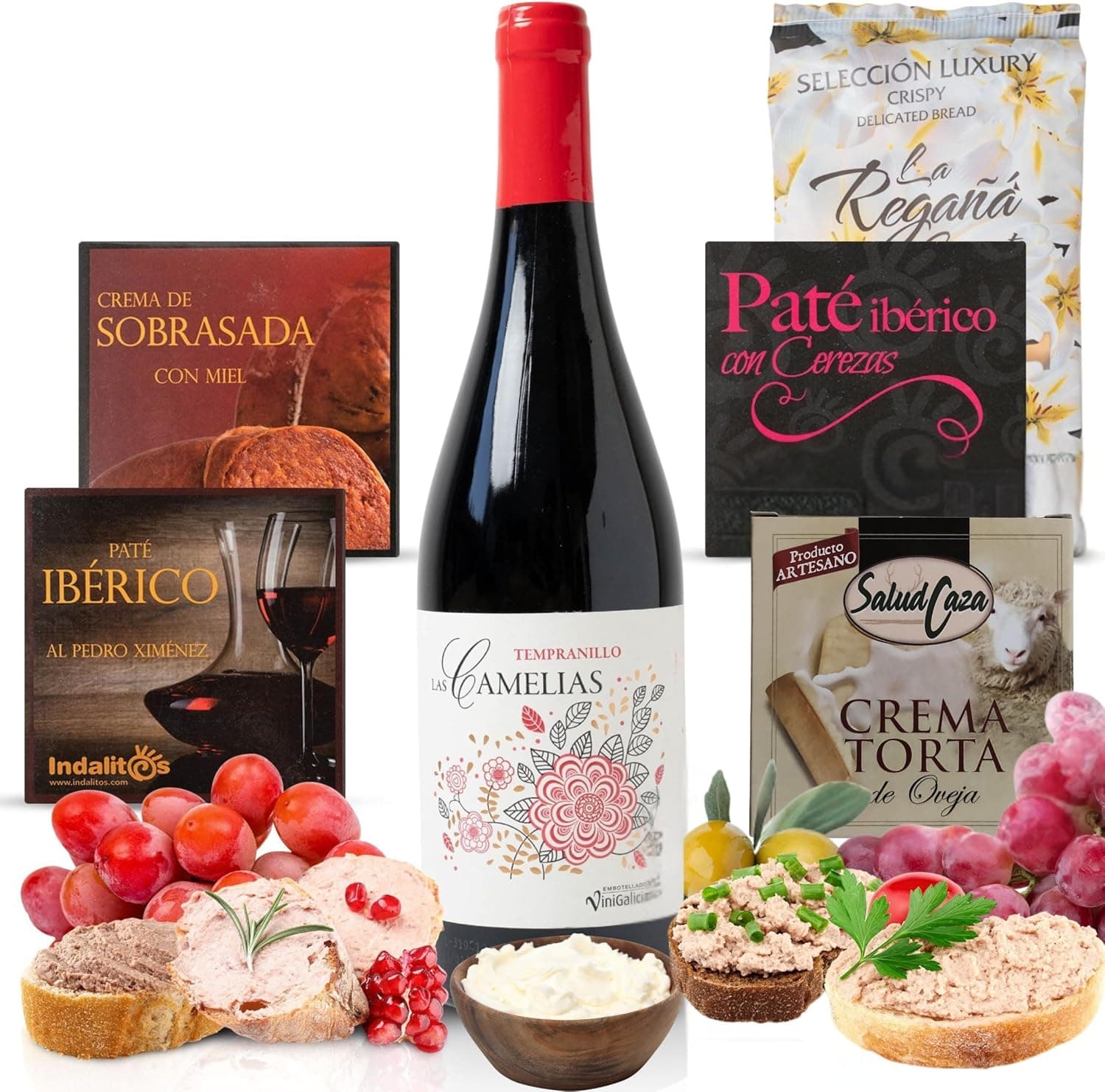 Botella de vino tinto tempranillo Las Camelias junto a patés ibéricos, crema de sobrasada con miel, crema de torta de oveja y regañás crujientes | /img/regalos/cesta-gourmet-vino-tinto-pates-universo-2.jpg | Segunda imagen de la cesta gourmet con vino tinto y patés