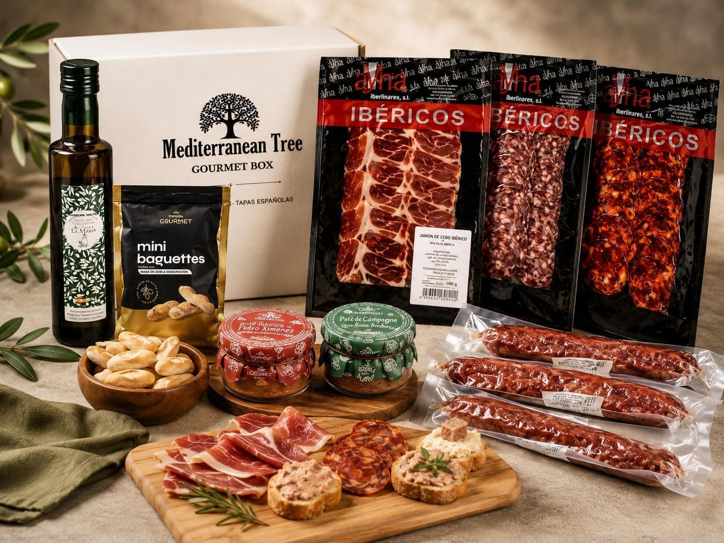 Los ibéricos loncheados, los fuets, los dos patés y la botella de aceite junto a una tabla con tostas