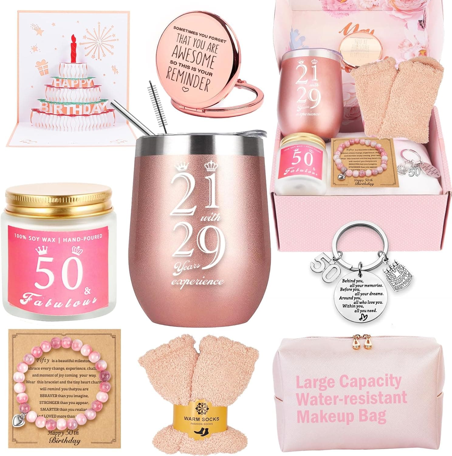 Caja de regalo abierta mostrando las nueve piezas del set, vaso térmico, pulsera, neceser y demás