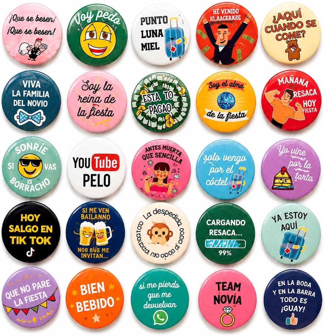 Pack de chapas metálicas redondas con frases divertidas impresas, presentadas en su caja original