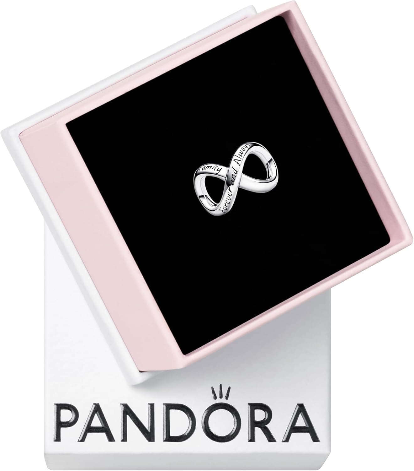 El charm presentado en la caja rosa y blanca de Pandora