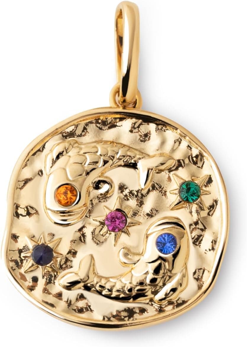 Charm dorado con los dos peces enfrentados de Piscis y circonitas de colores