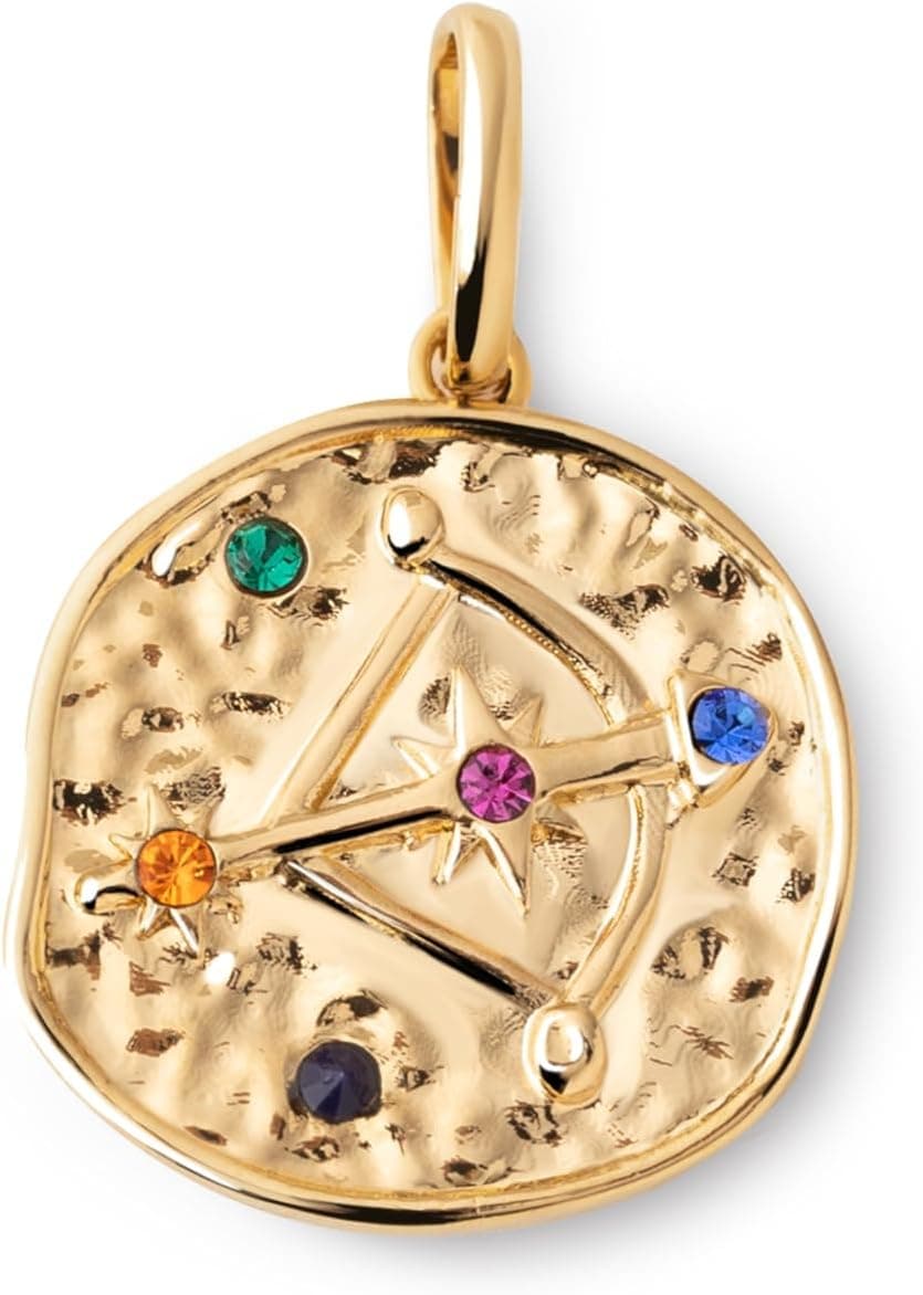 Charm dorado con el arco y la flecha de Sagitario y cuatro circonitas de colores