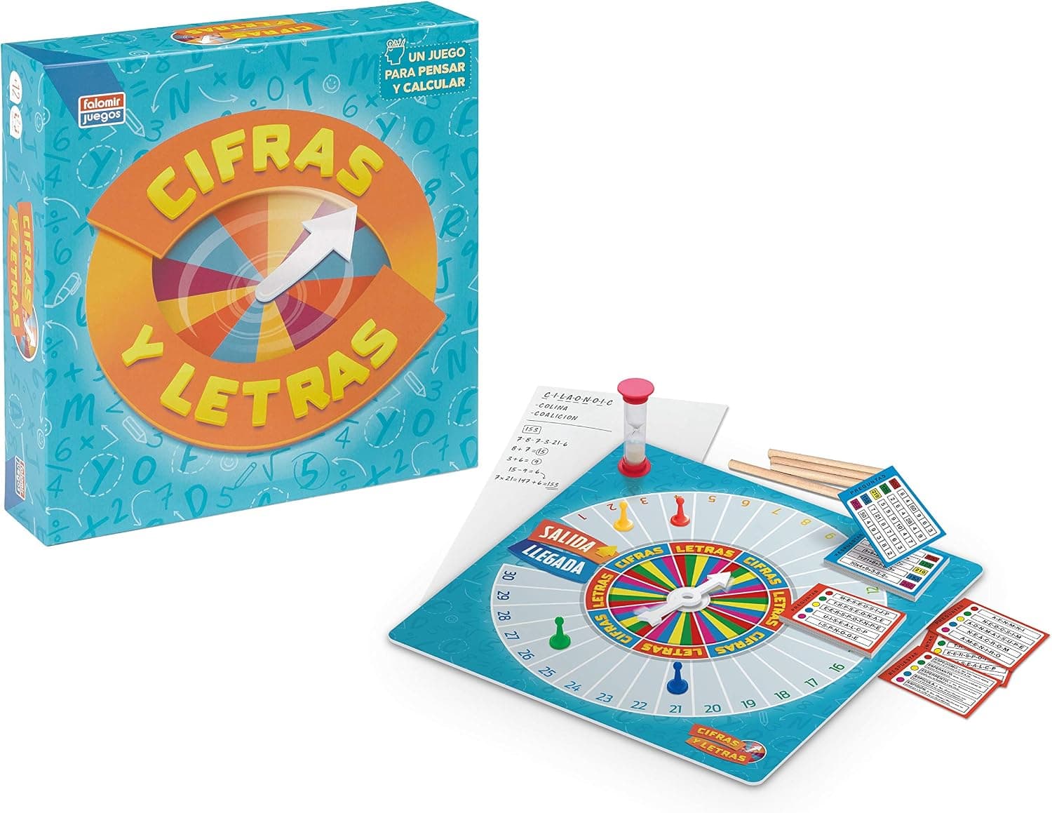 Caja de Cifras y Letras de Falomir con el tablero, la ruleta y las fichas junto a la caja