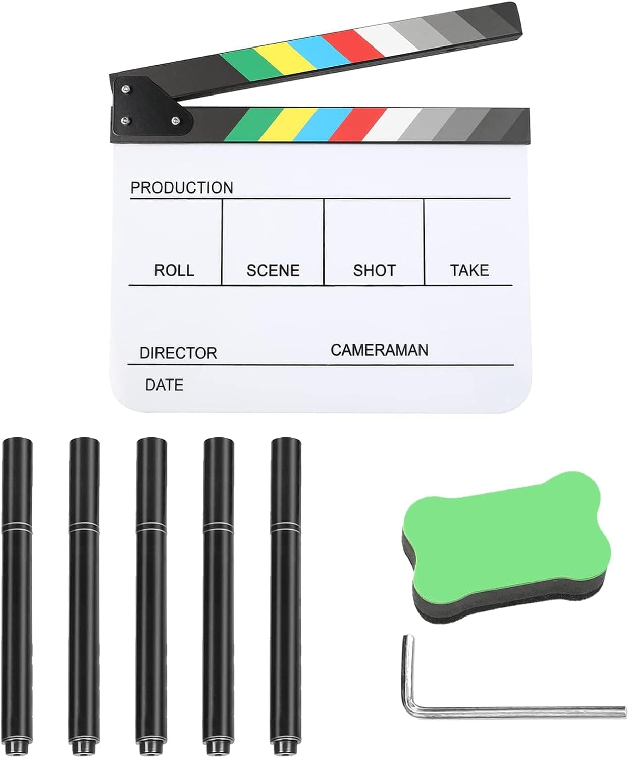 Claqueta de cine acrílica con bolígrafos y borrador incluidos