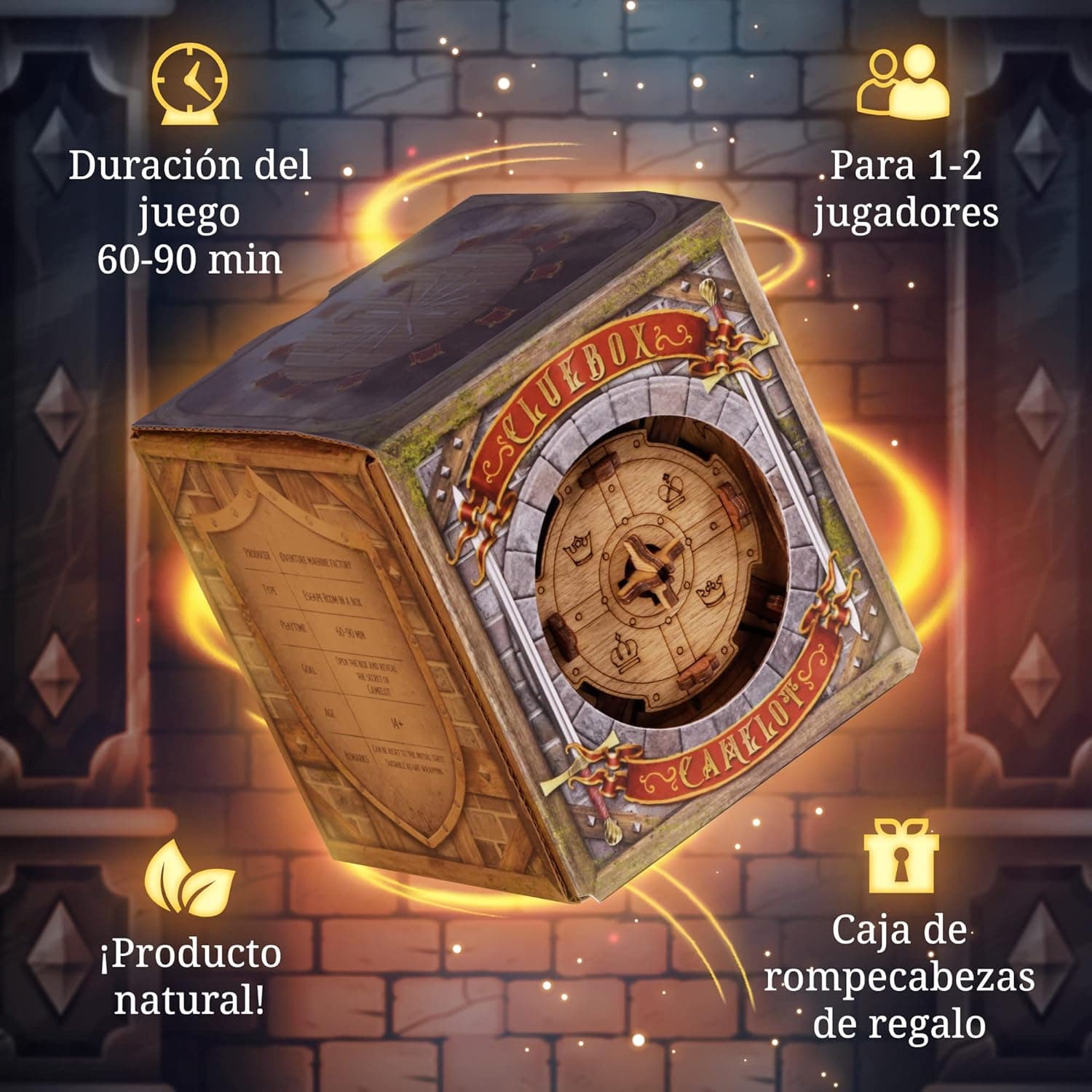 La caja iluminada sobre un fondo de muro medieval, con los datos de duración y número de jugadores