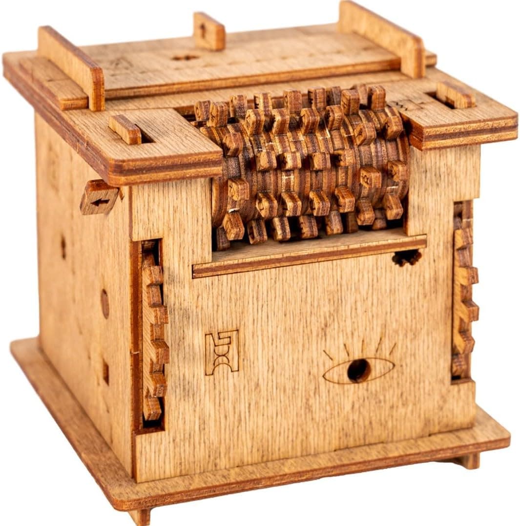 Caja rompecabezas de madera con mecanismo de engranajes visible, en tonos madera natural
