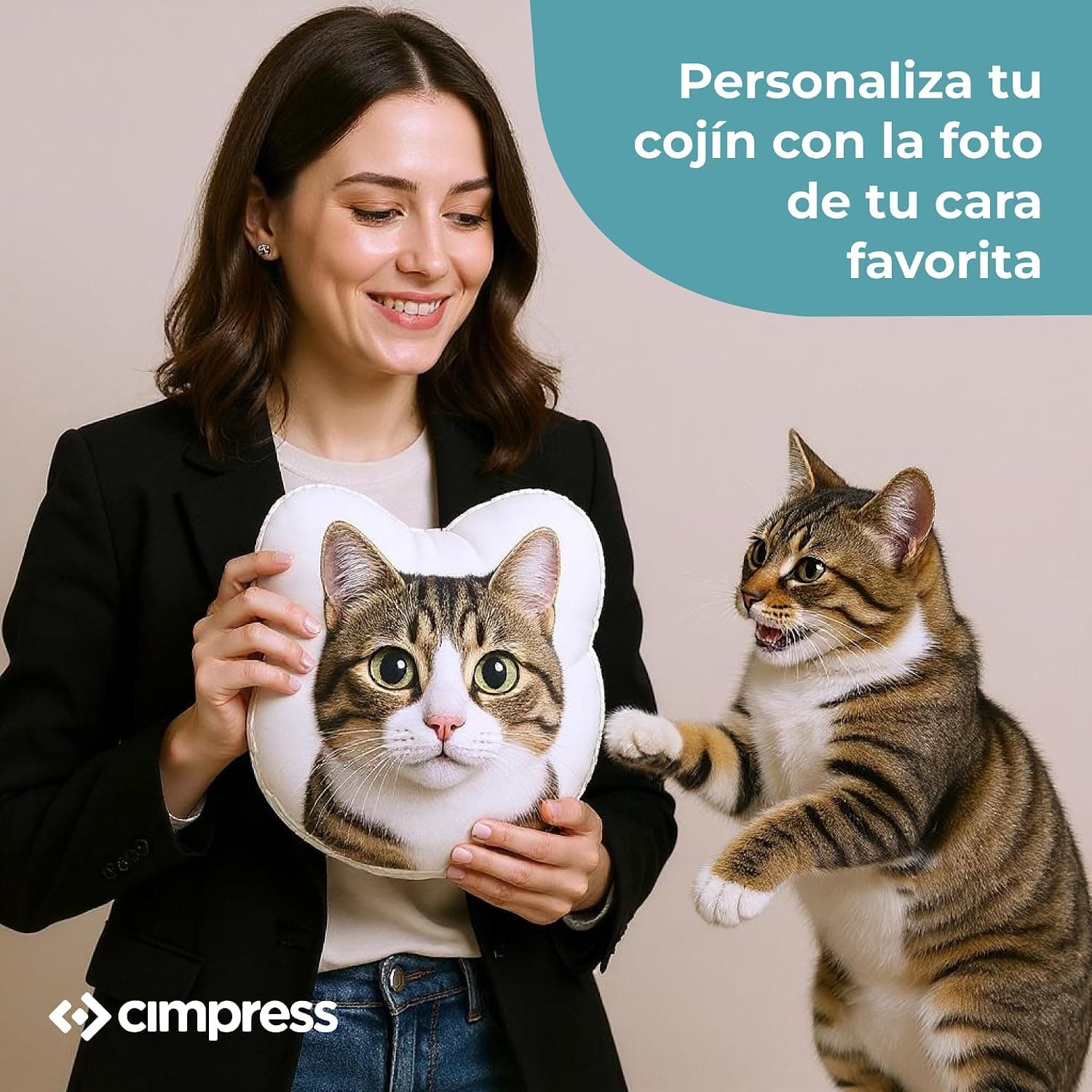 Una mujer sujeta el cojín con la cara del gato mientras el gato real la mira sorprendido