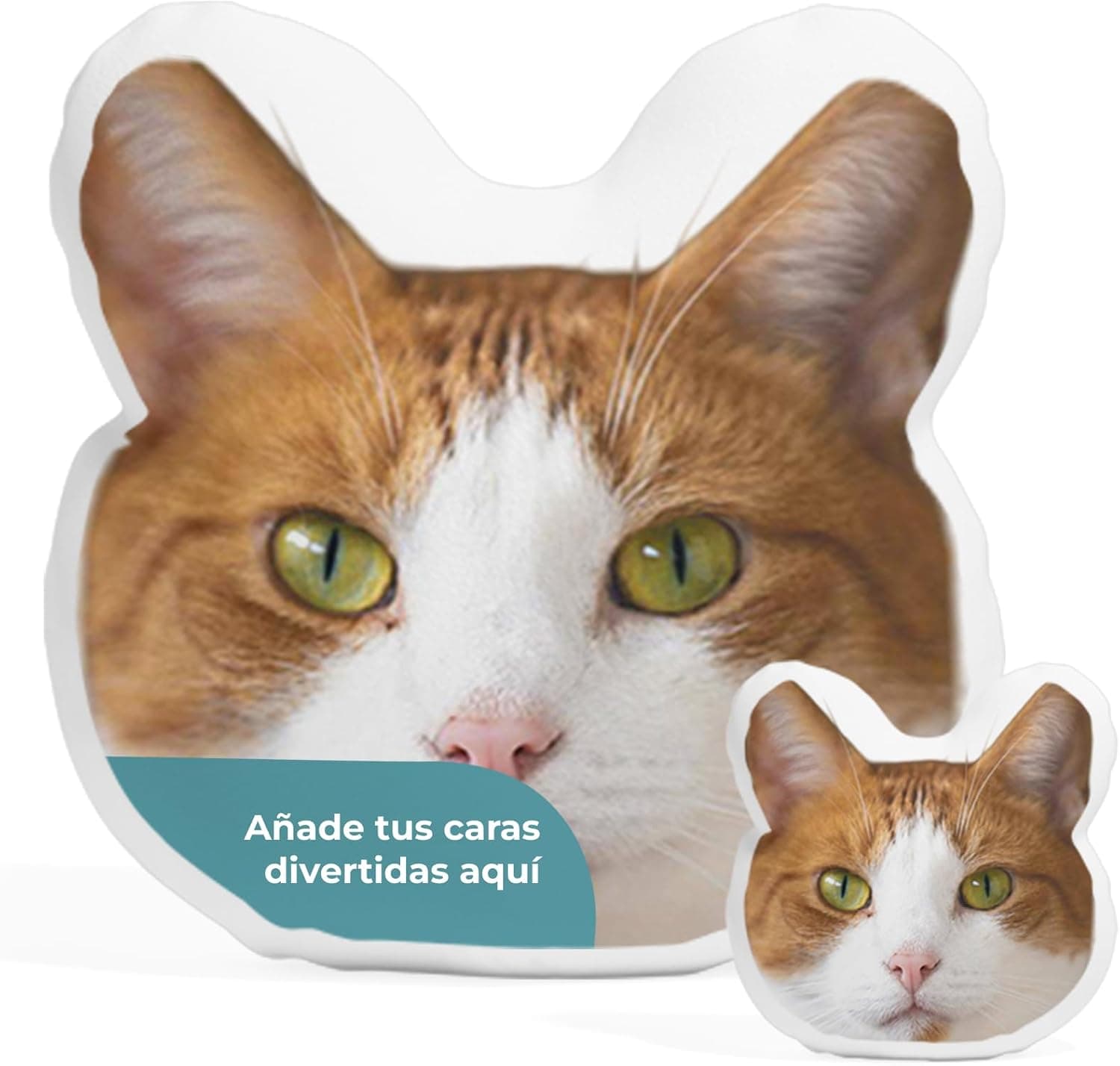 Cojín recortado con la cara de un gato naranja y blanco, en versión grande y pequeña