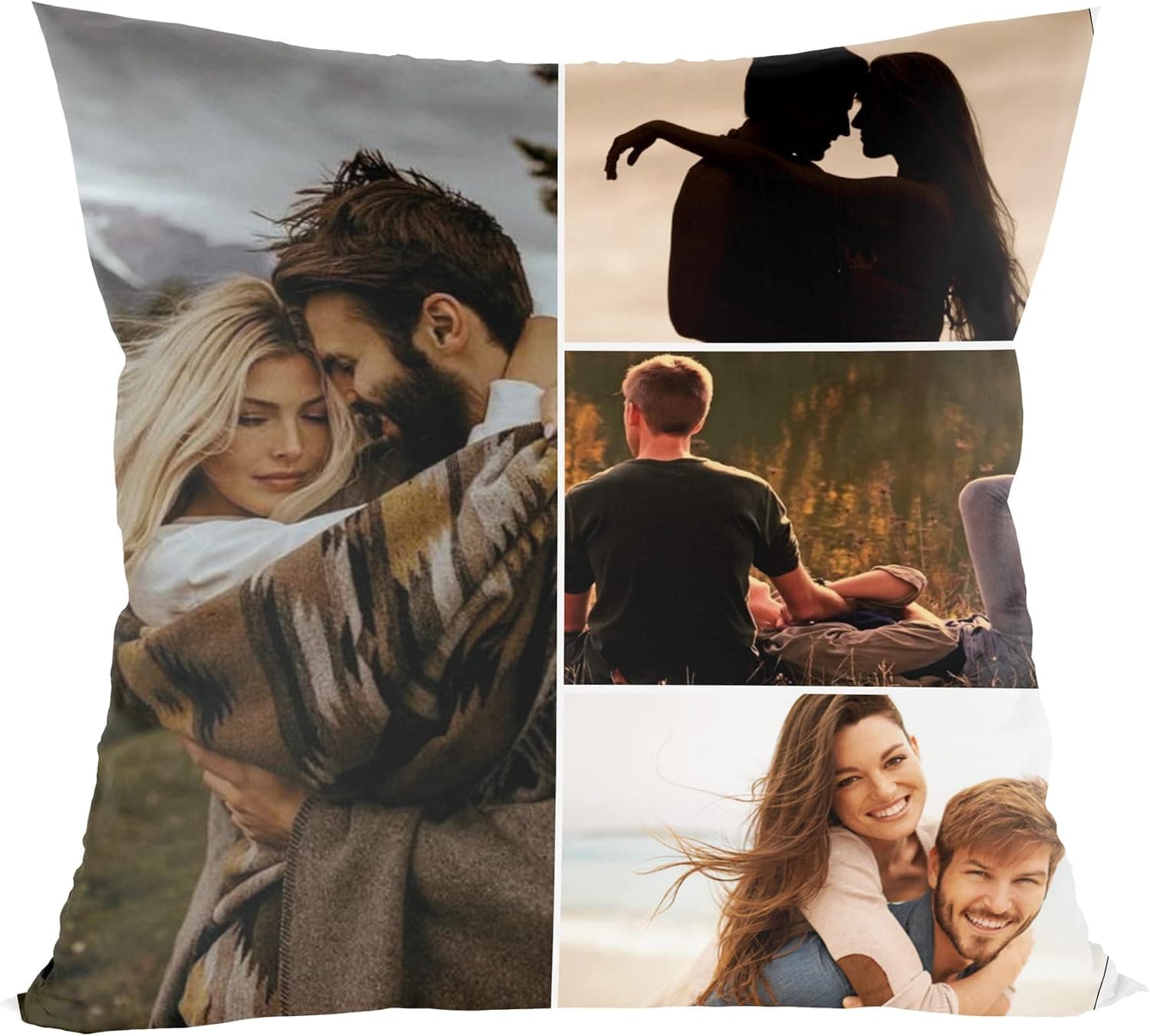 Cojín dividido en cuatro fotos de una pareja en distintos momentos y lugares
