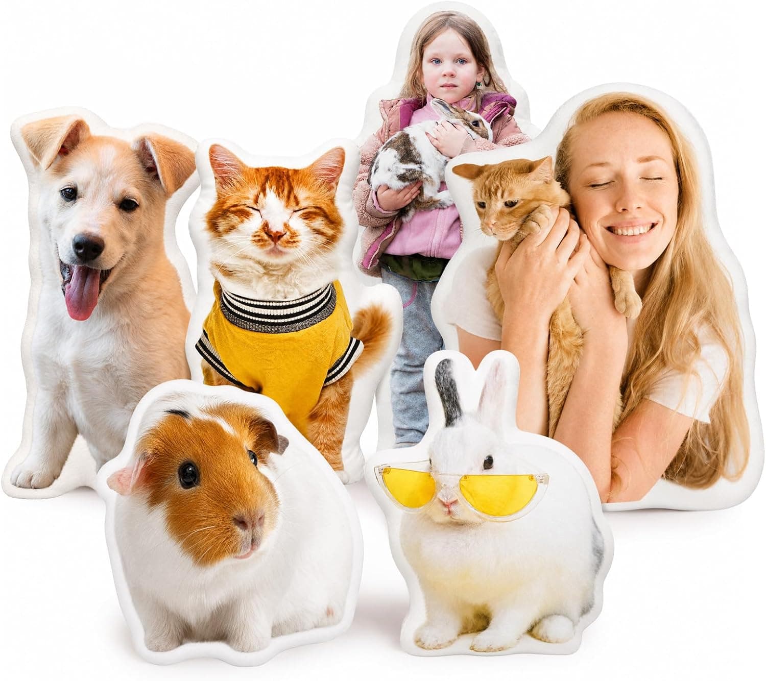 Varios cojines recortados con forma de perro, cobaya, conejo y gato, y uno con la foto de una mujer sonriendo