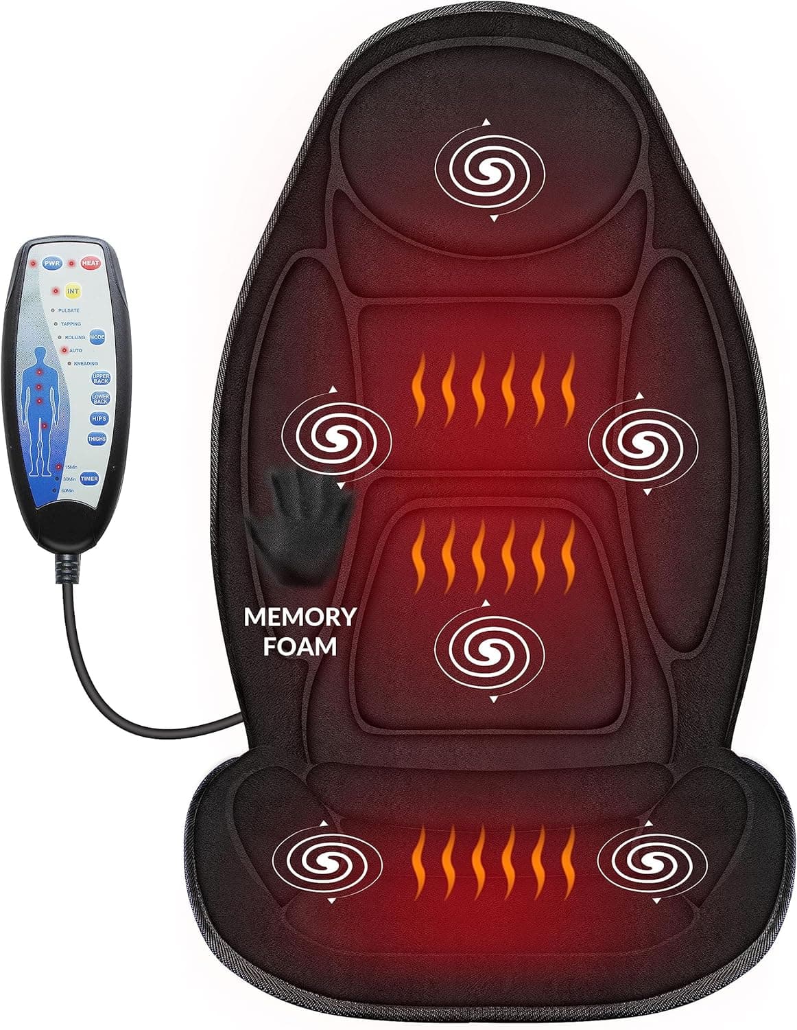 Cojín negro de respaldo y asiento con los seis motores de vibración y las zonas de calor señaladas en rojo