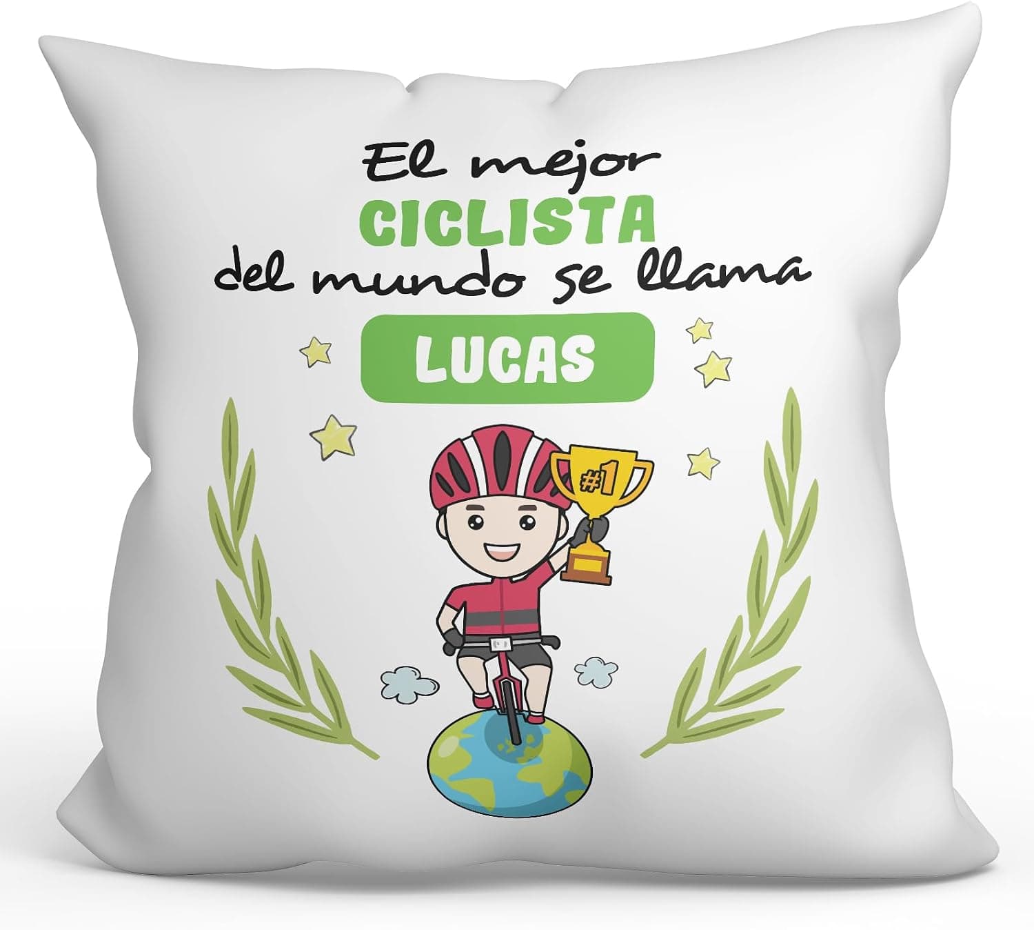 Cojín de 40x40 cm con relleno incluido, personalizado con un mensaje dedicado al ciclista
