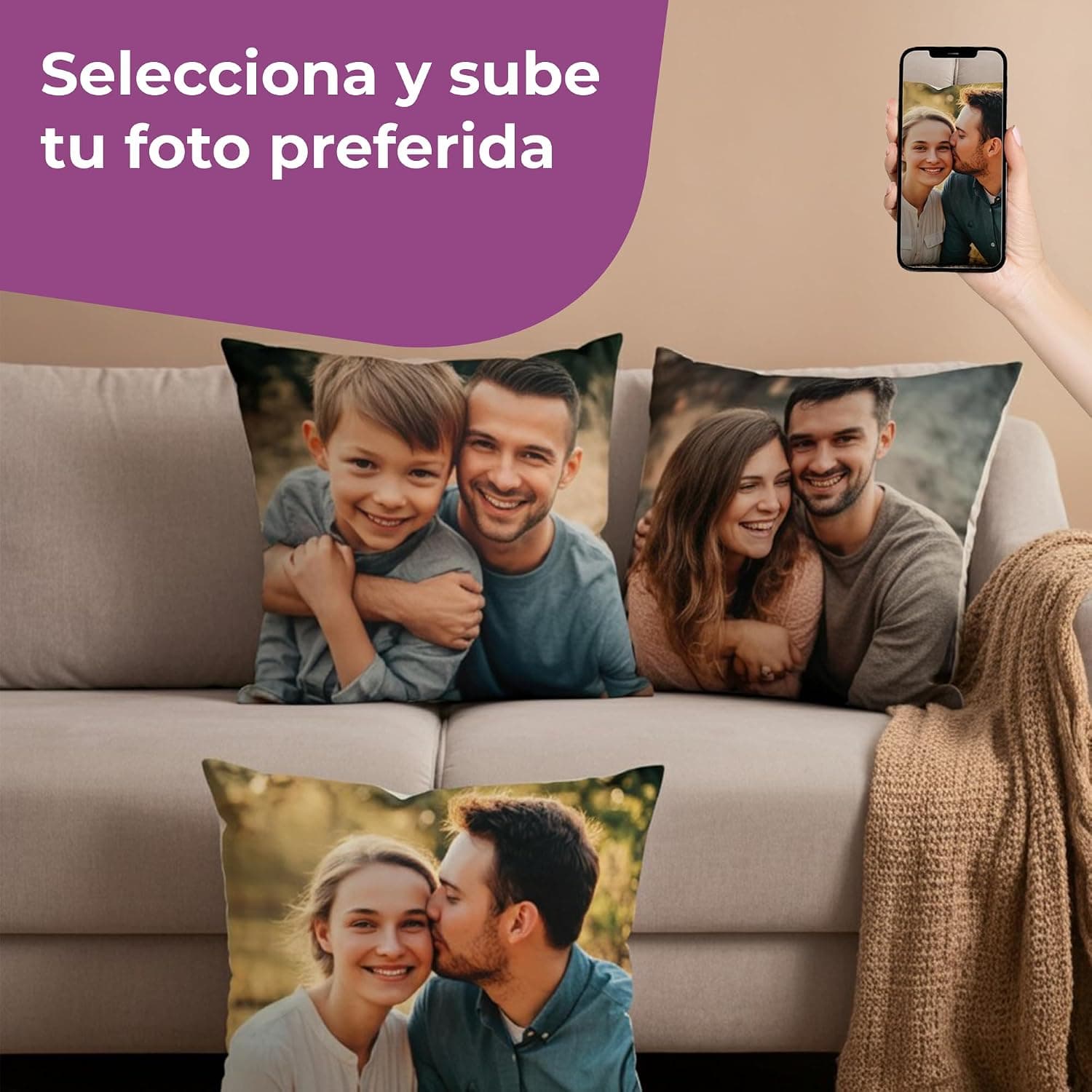 Detalle de la tela del cojín personalizado con la impresión de la foto
