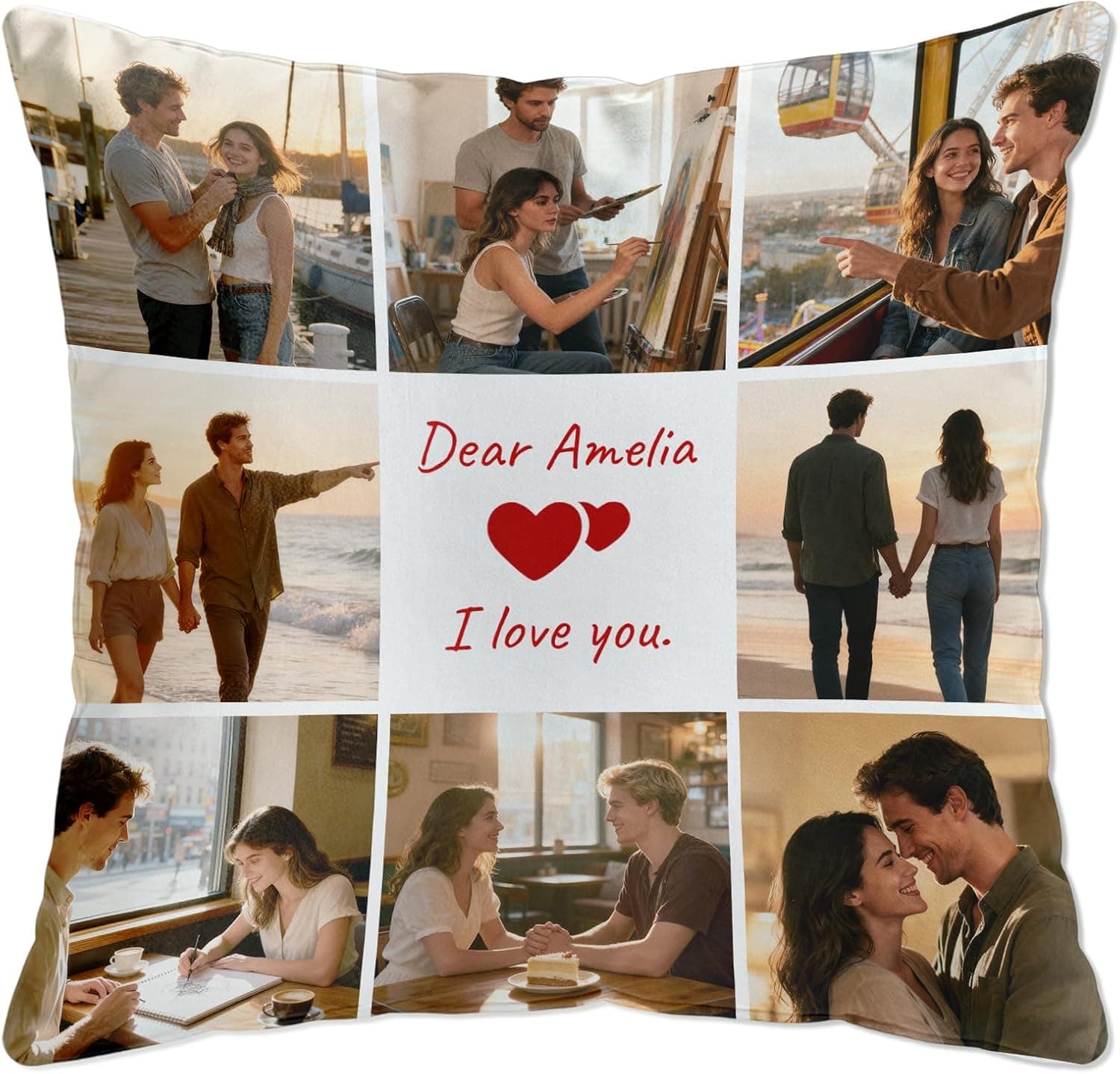 Cojín con un collage de ocho fotos de pareja distribuidas en cuadrícula y un mensaje de amor en el centro