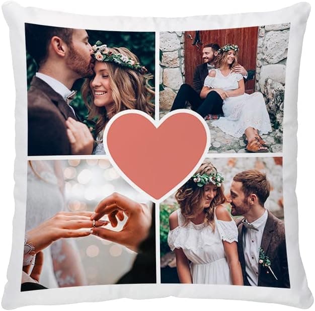 Cojín cuadrado con cuatro fotografías montadas en forma de corazón sobre fondo blanco