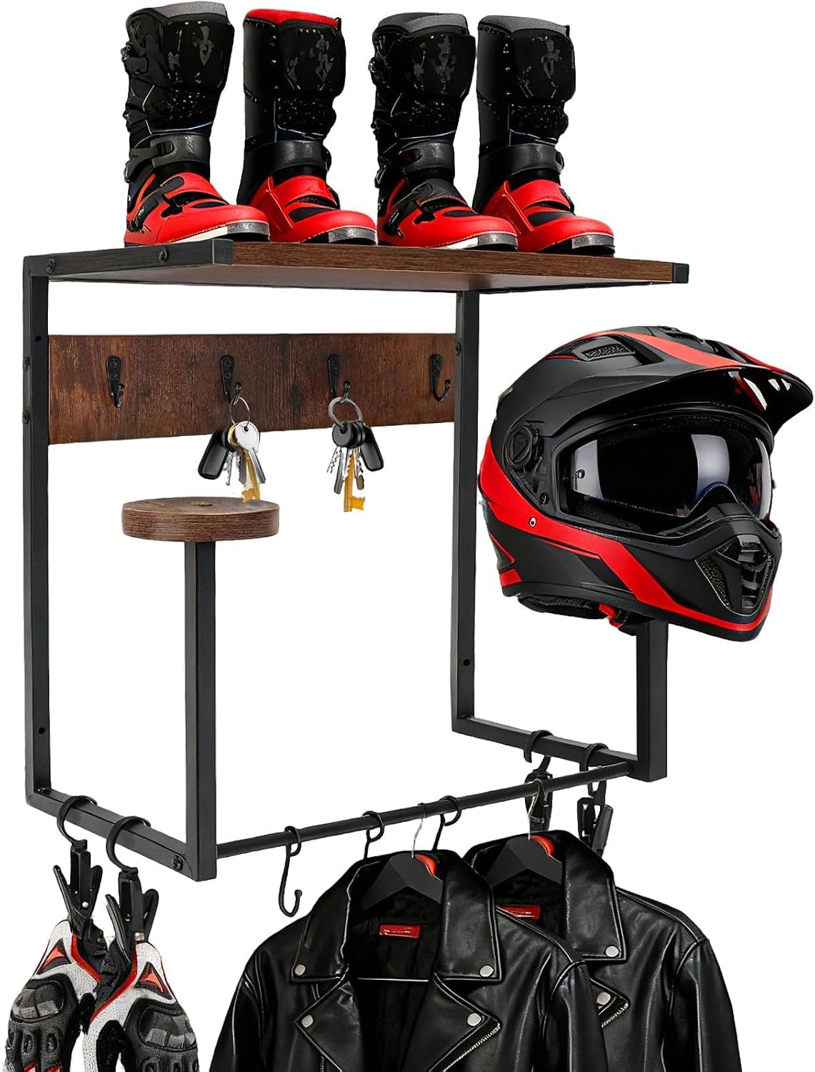 Colgador de pared con dos soportes para casco, chaqueta de moto y botas colgadas
