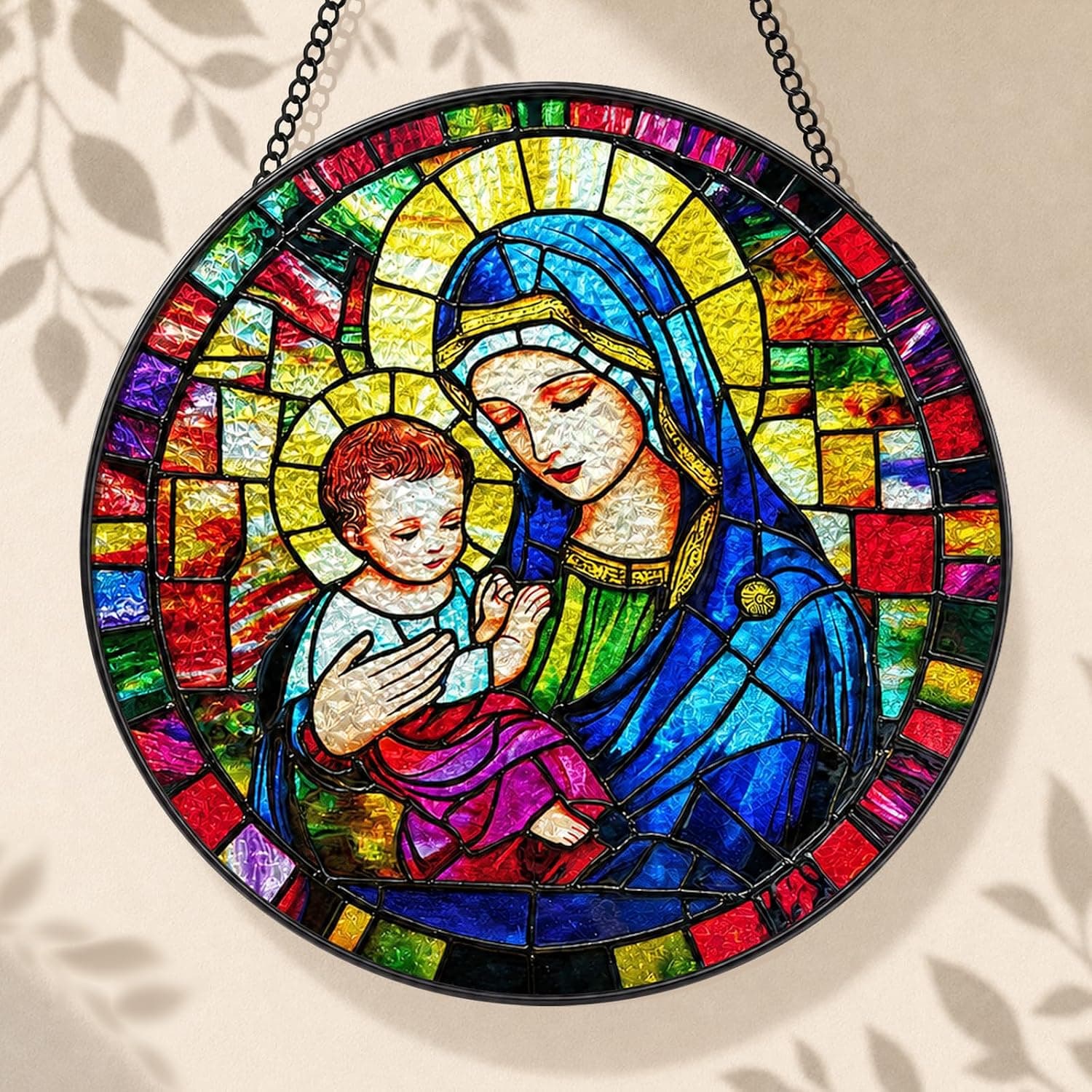 Colgante de vidriera con la imagen de la Virgen, tipo atrapasueños para ventana