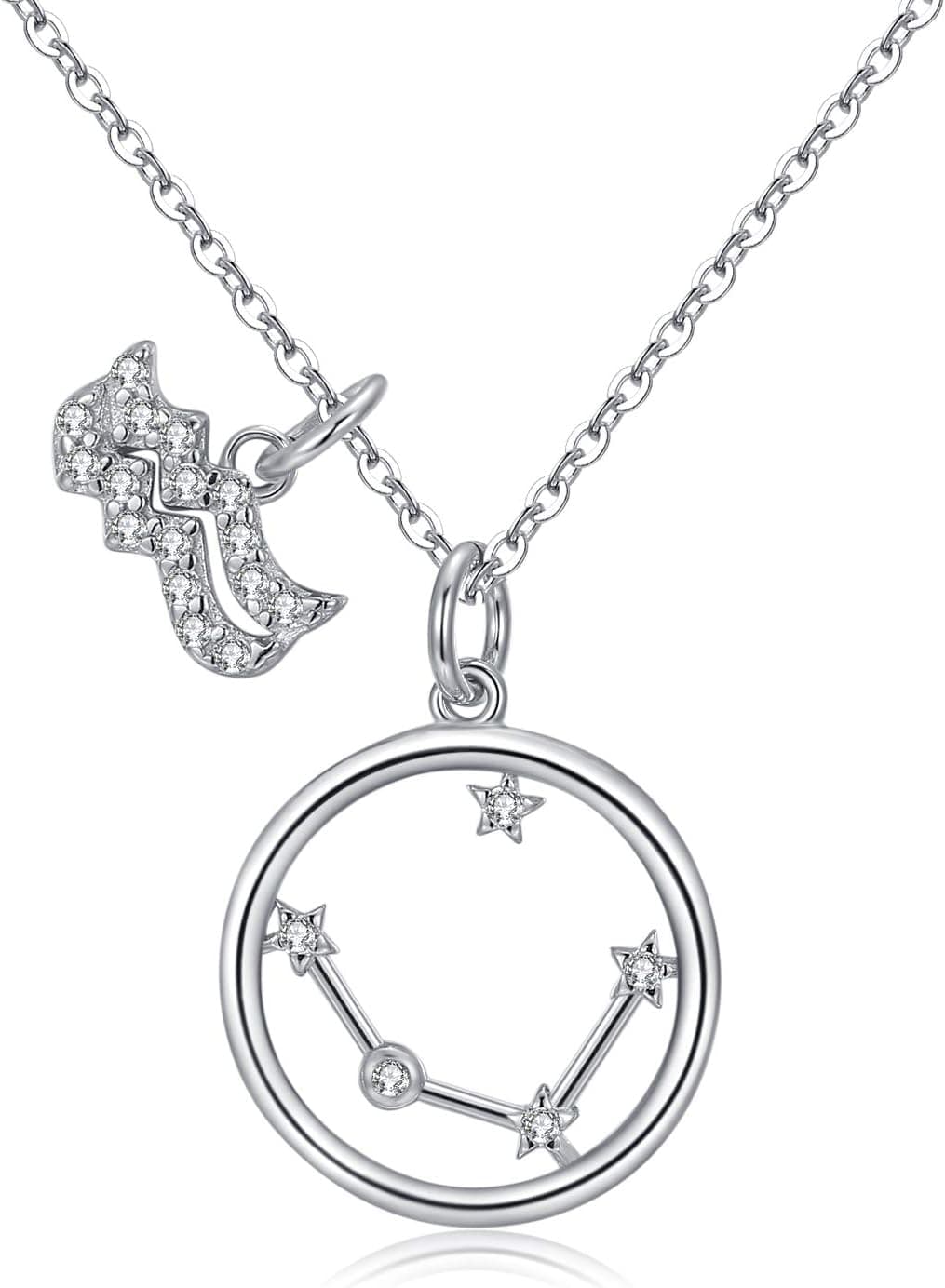Collar de plata con dos colgantes, el símbolo de Acuario cubierto de circonitas y un aro con la constelación marcada en puntos de circonita