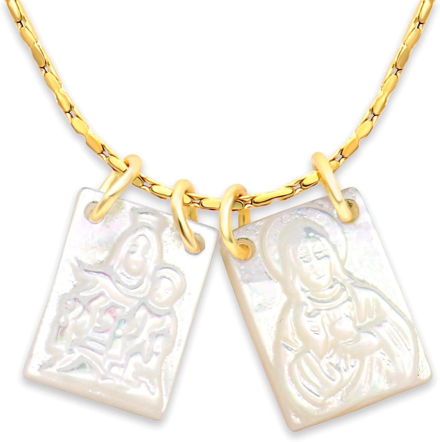 Collar escapulario con las medallas de la Virgen del Carmen y el Sagrado Corazón en nácar