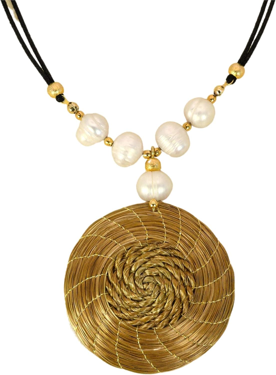 Collar con colgante mandala trenzada en oro con perlas