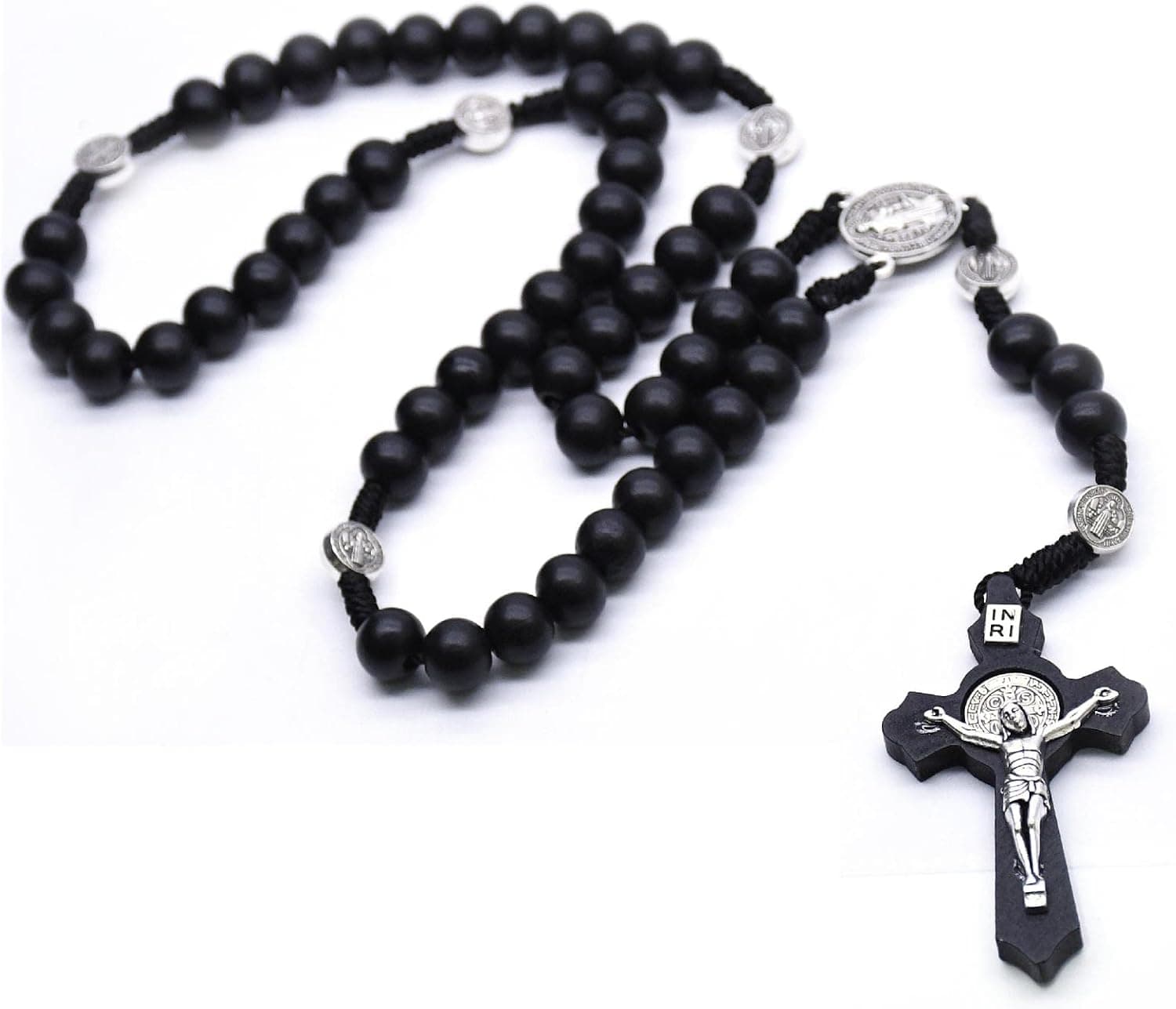 Collar de cruz con cuentas de madera estilo rosario, foto 2