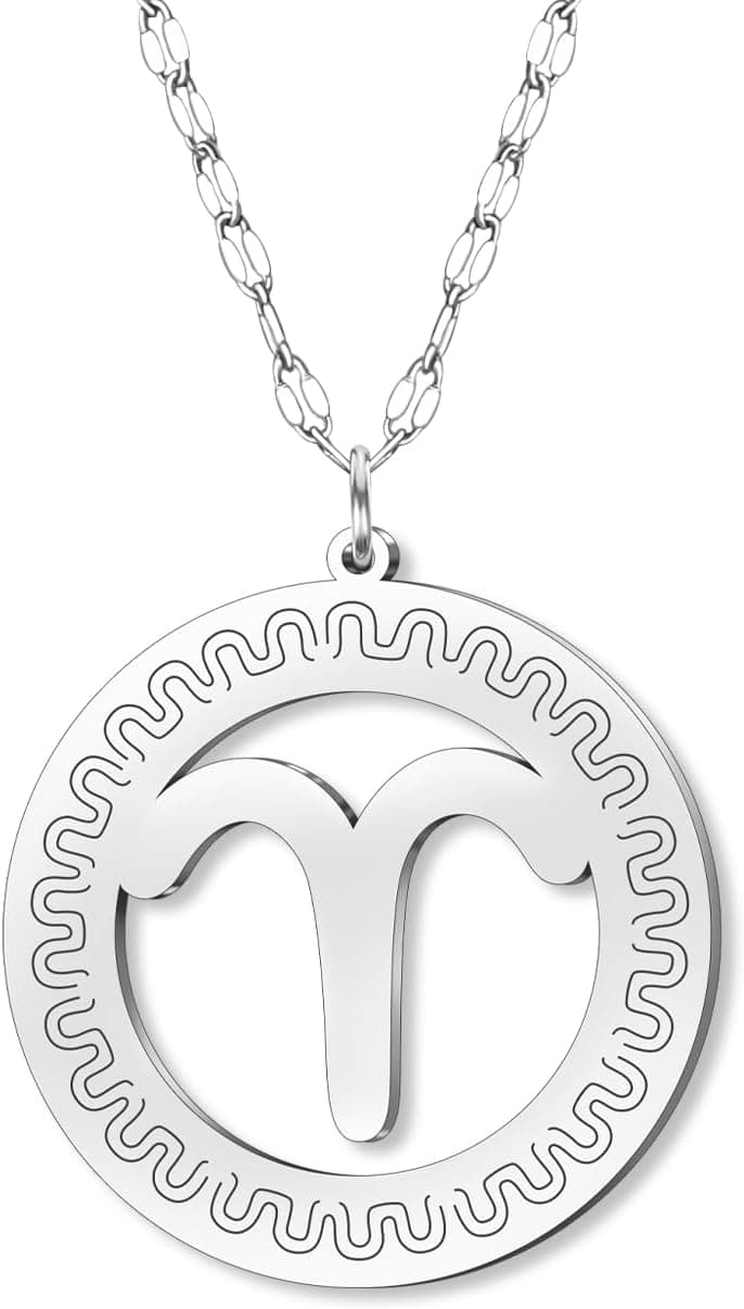 Collar de acero inoxidable plateado con el colgante circular del símbolo de Aries