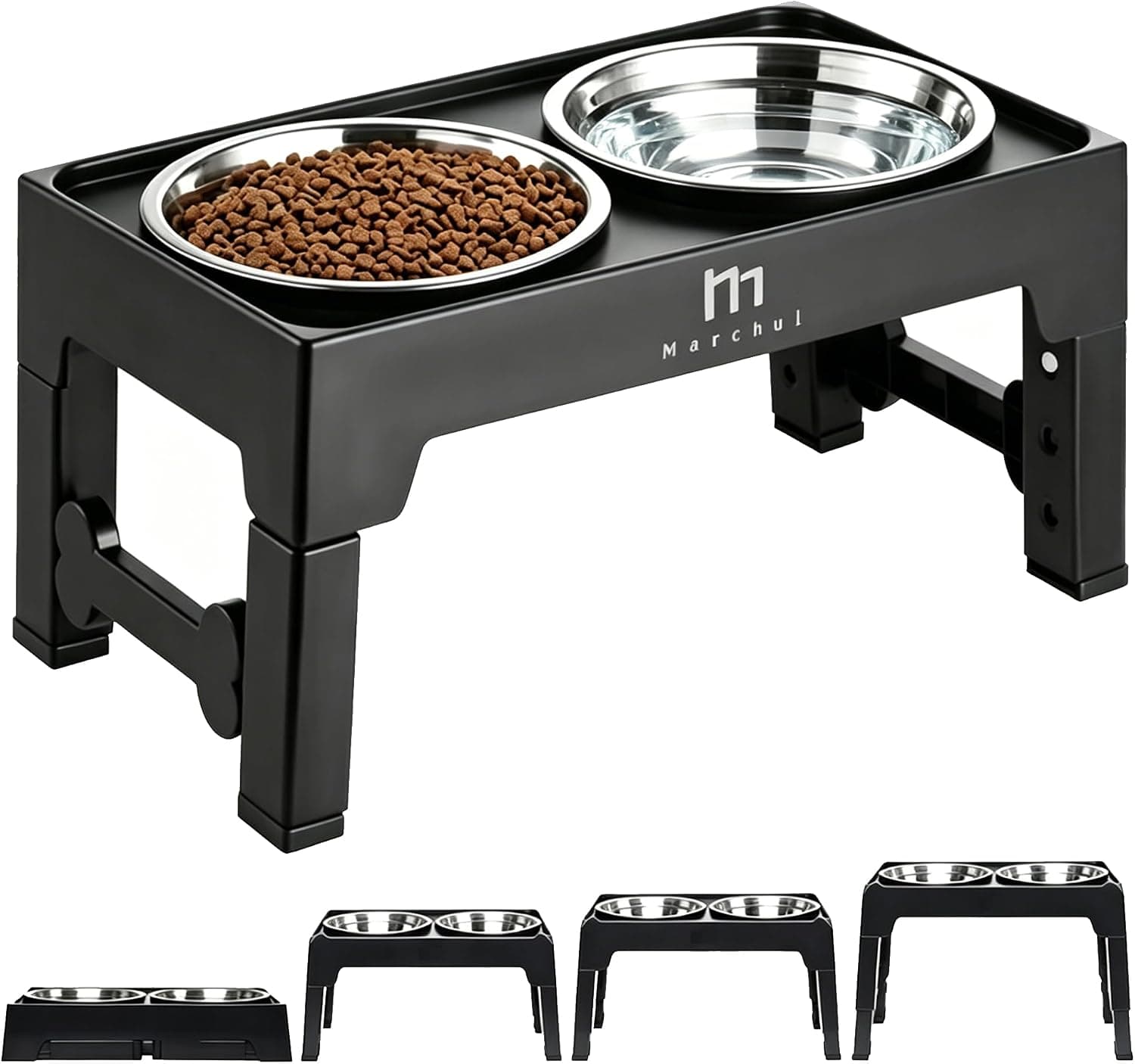 Comedero elevado con soporte ajustable a cuatro alturas y dos cuencos