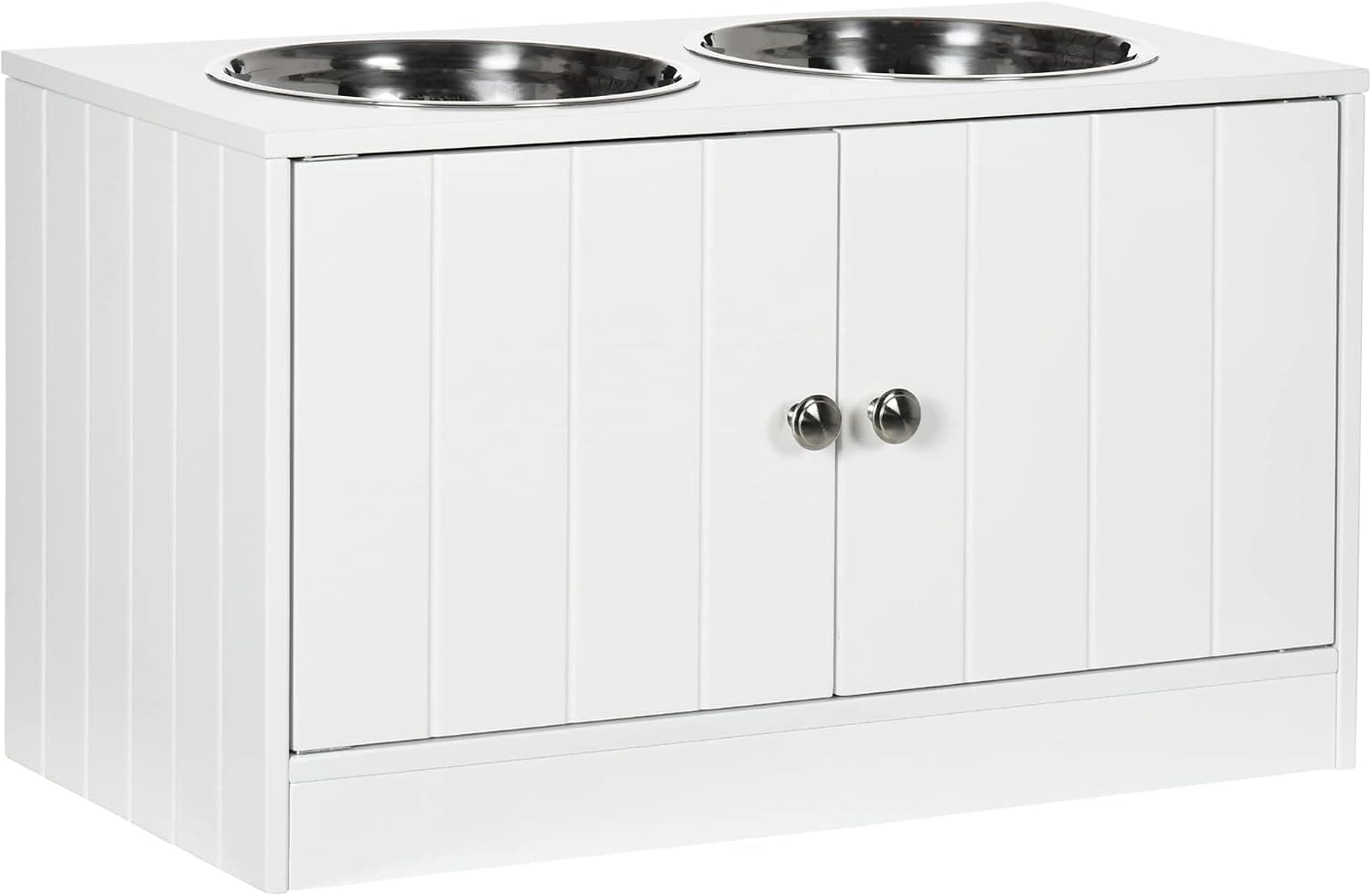 Comedero elevado blanco con dos cuencos de acero inoxidable y puertas de almacenamiento