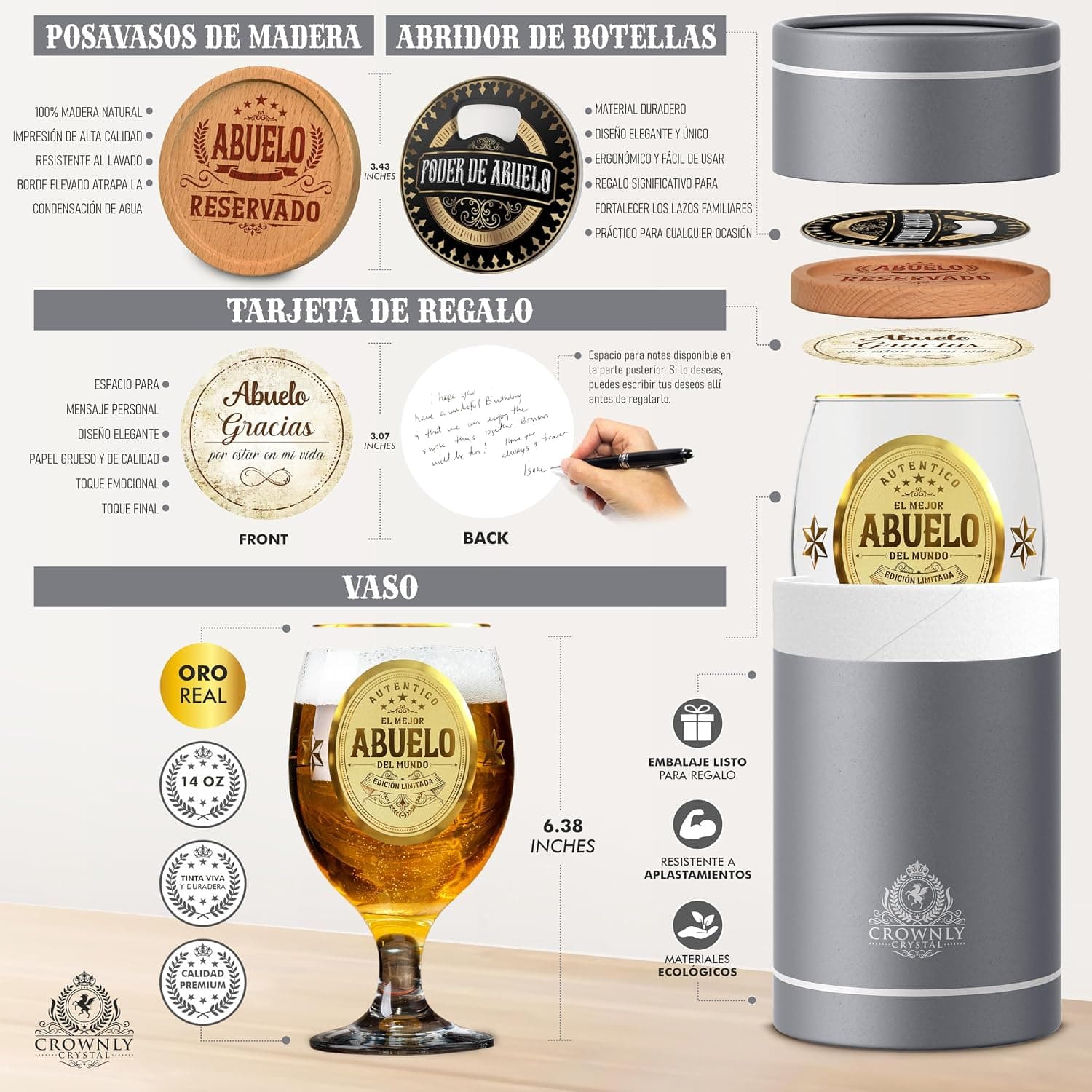 CROWNLY CRYSTAL Jarra de Cerveza para el Mejor Abuelo, foto 3