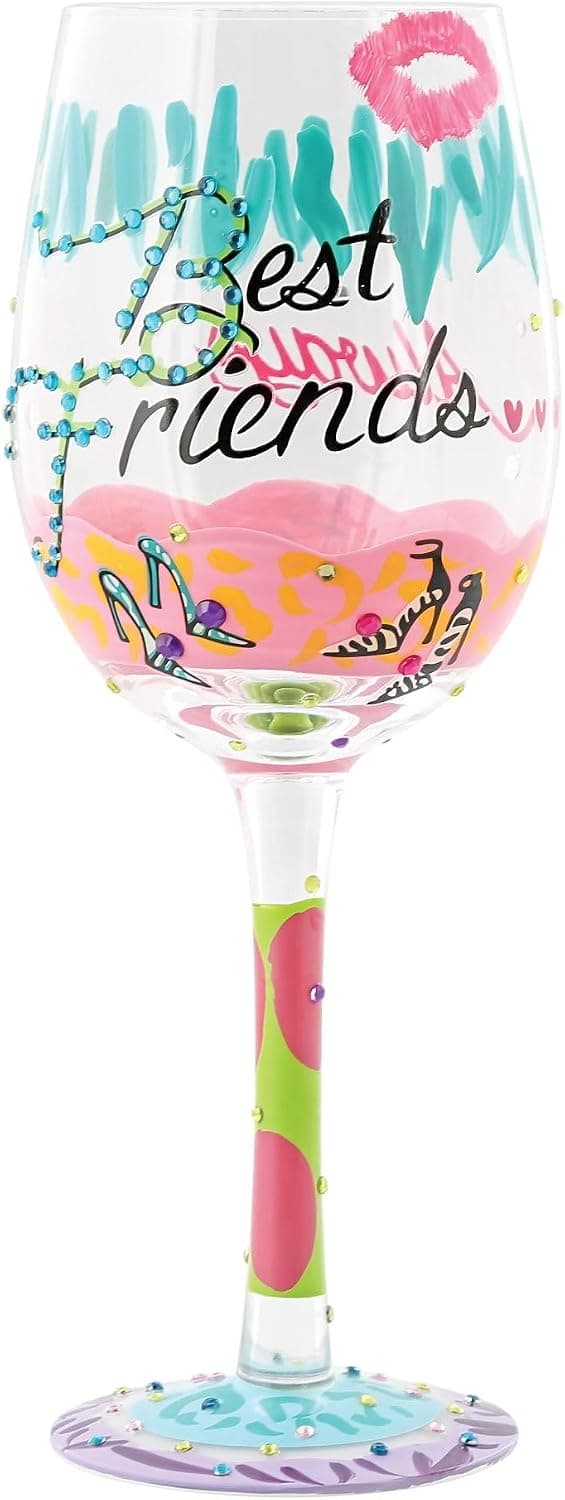 Copa de vino de la colección Lolita con el diseño «Best Friends Always» pintado a mano en colores vivos
