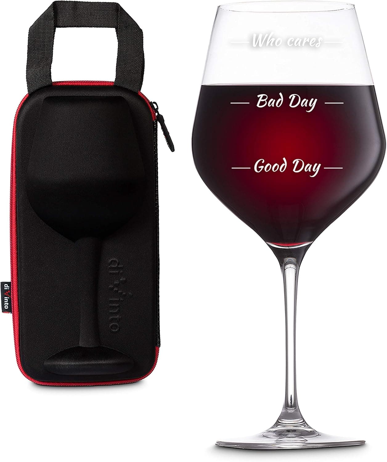 Copa de vino gigante junto a su estuche negro de transporte