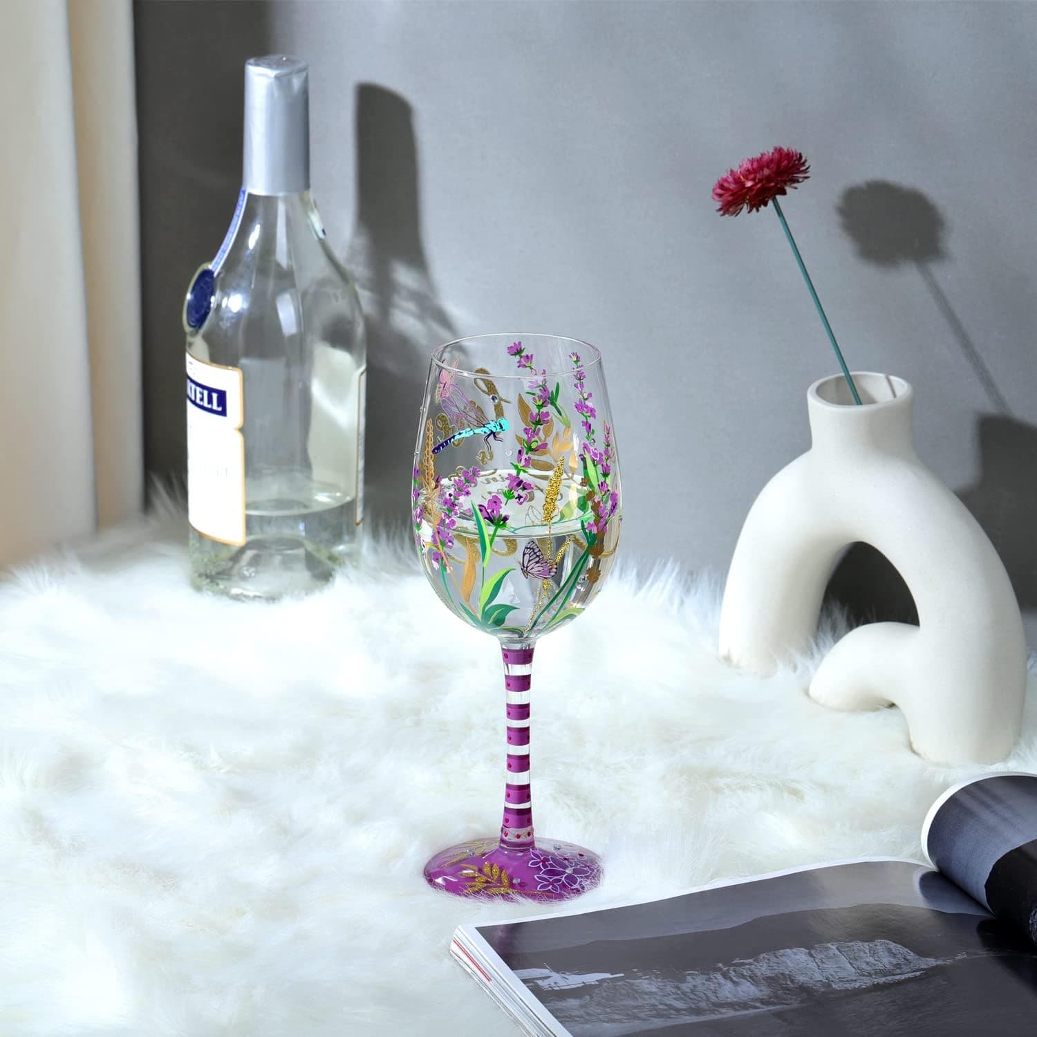 Copa de Vino Lavanda y Libélula Pintada a Mano, NymphFable, foto 2