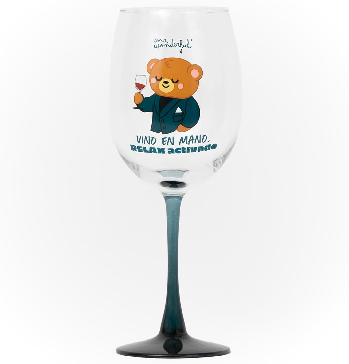 La copa de vidrio con el osito ilustrado de Mr. Wonderful brindando y el mensaje Vino en mano, relax activado