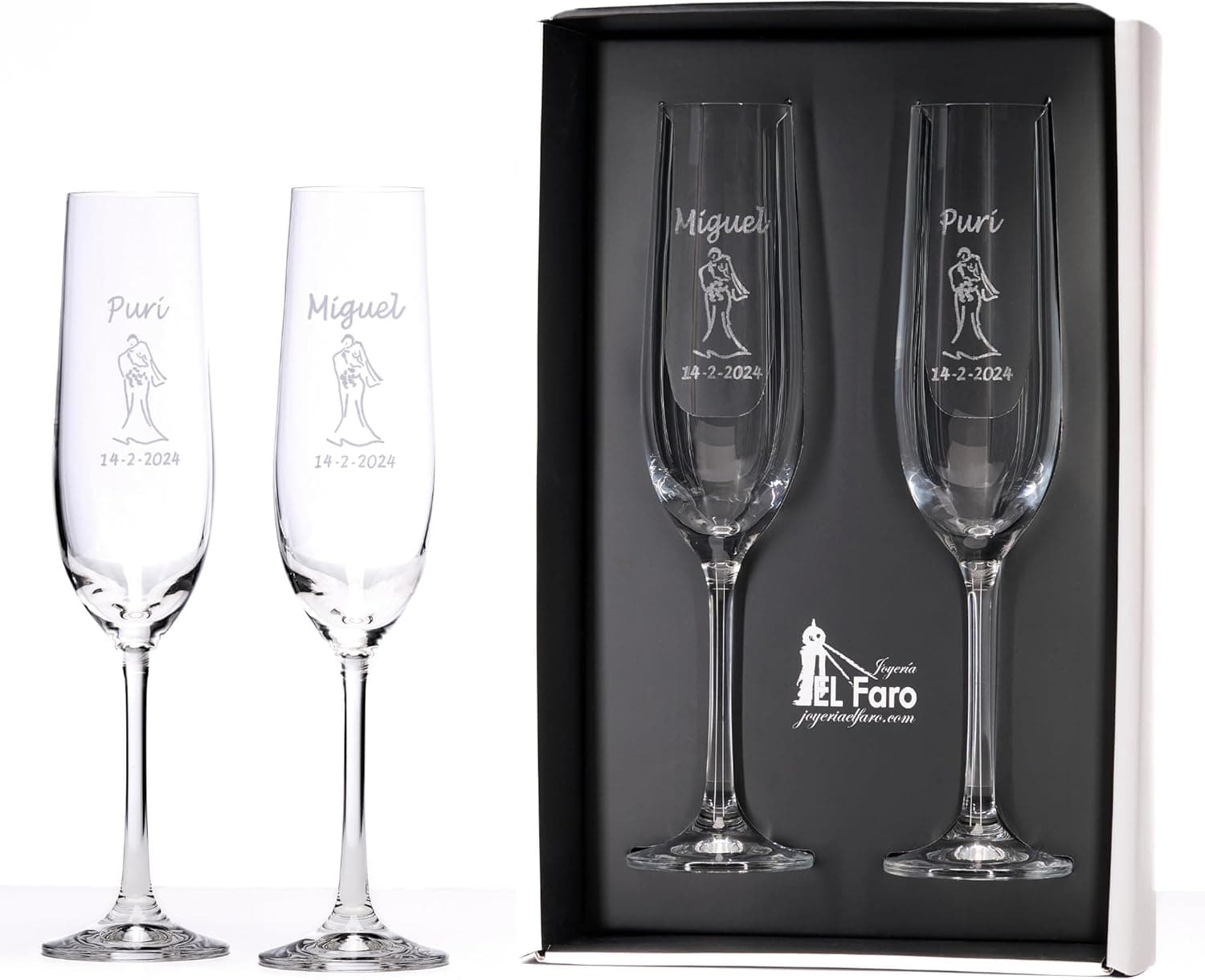 Dos copas de cristal grabadas, presentadas en su estuche