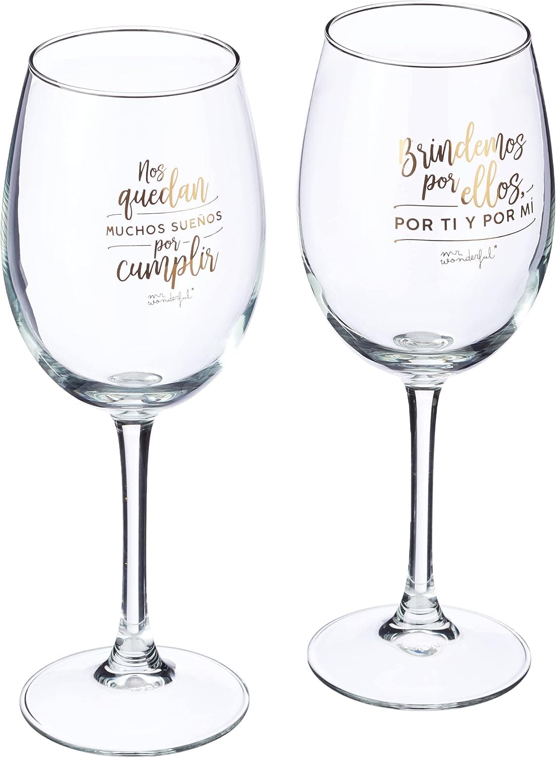 Las dos copas de vino de Mr. Wonderful con sus mensajes dorados y la caja