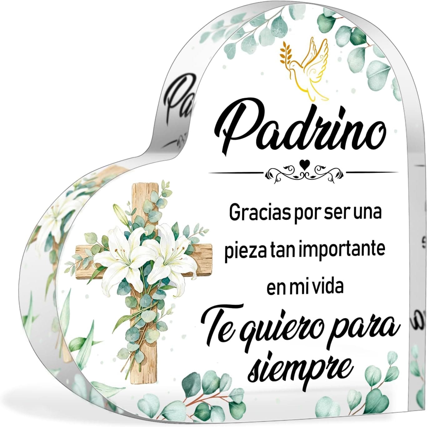 Placa decorativa en forma de corazón compuesta por piezas acrílicas, con su bolsa de regalo