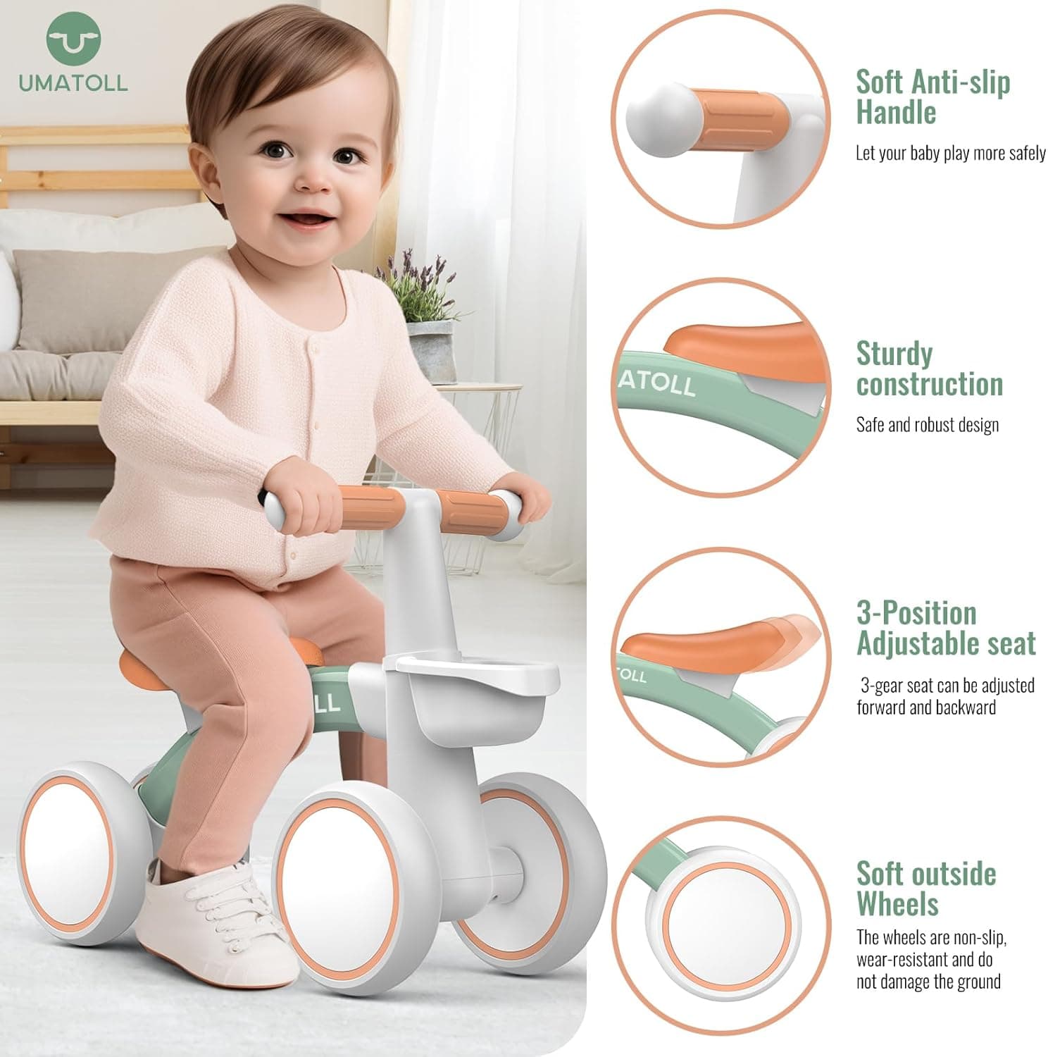 Una madre acompañando a una niña pequeña que va montada en el correpasillos con un peluche en la cesta