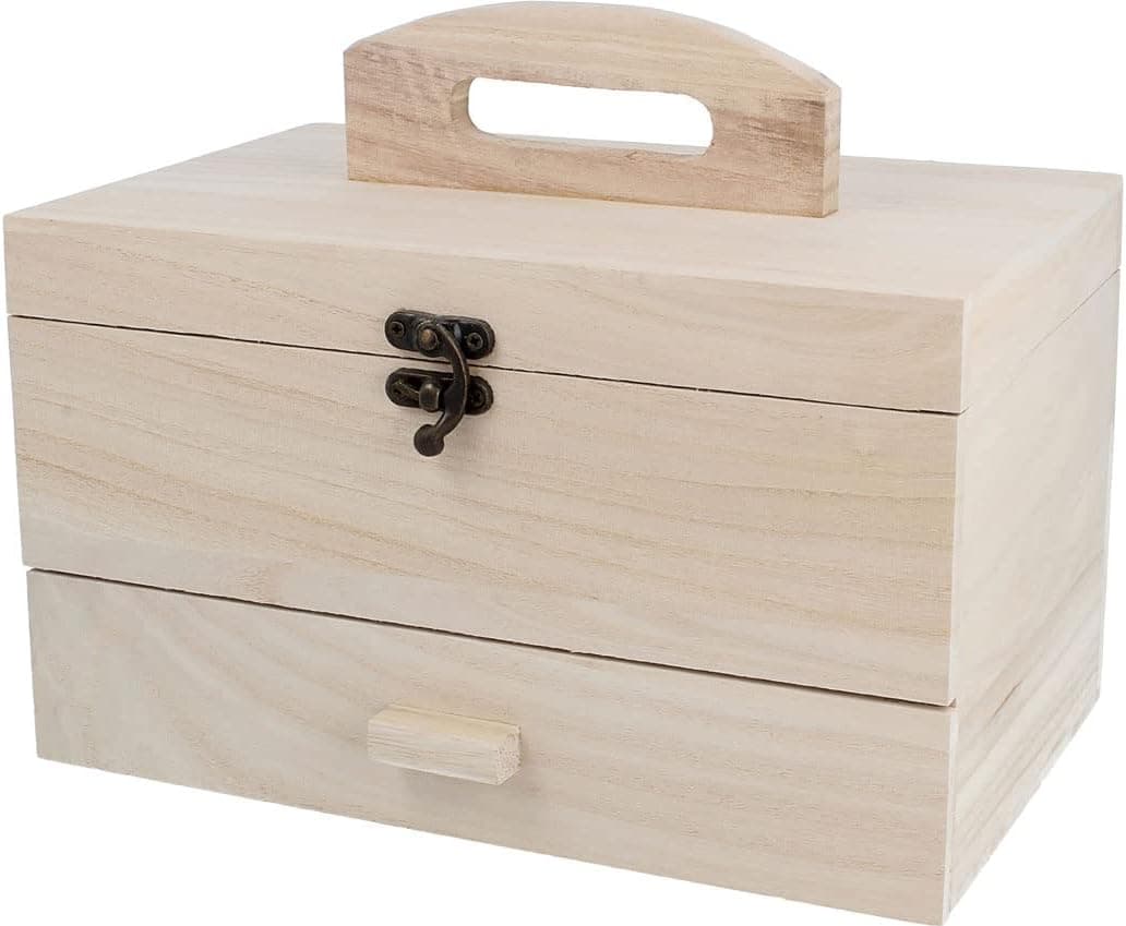 Costurero de madera de balsa sin tratar, con cajón y tapa con cierre