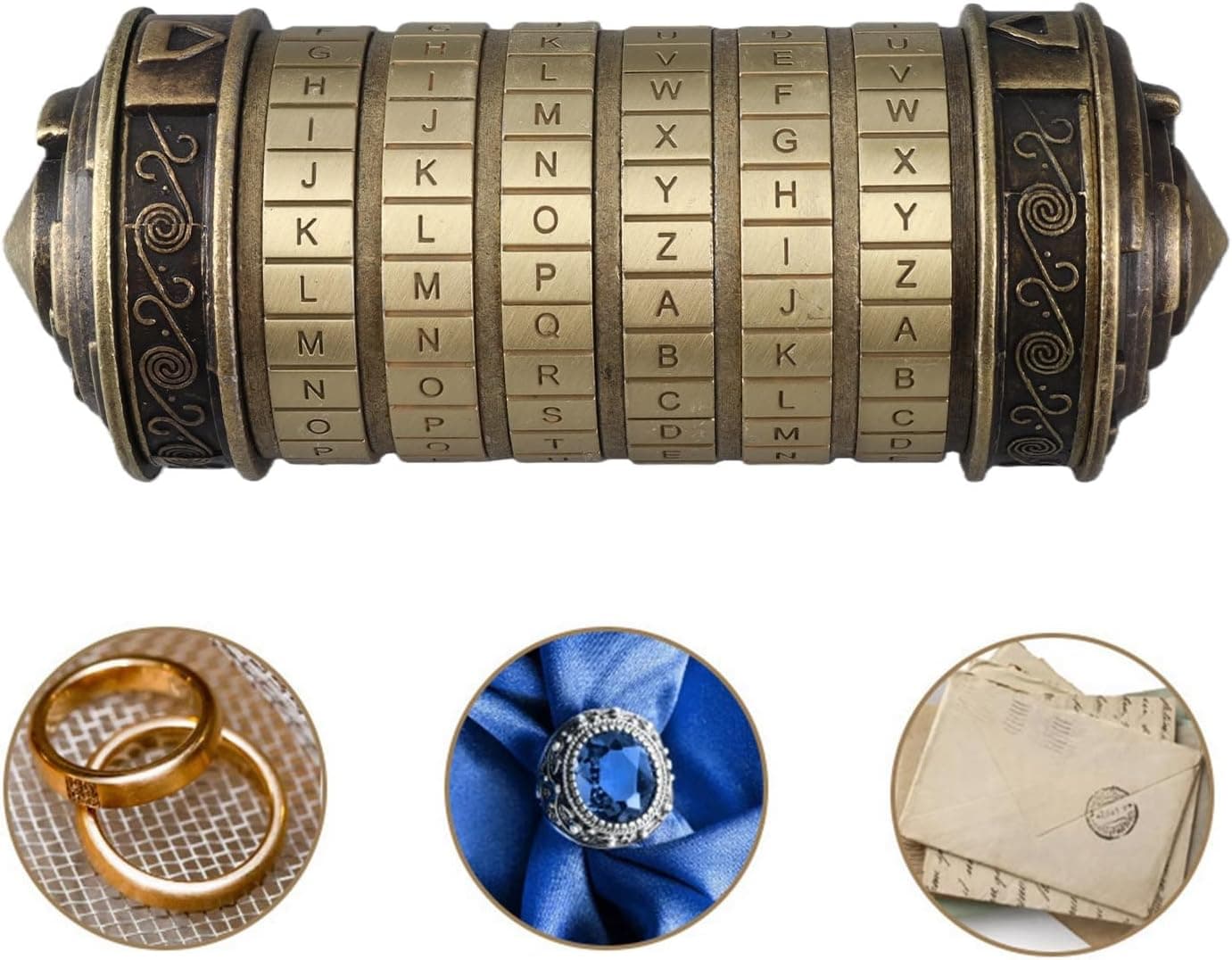 Pack completo con tarjeta, dos anillos, tornillos de repuesto y cordón junto al cryptex