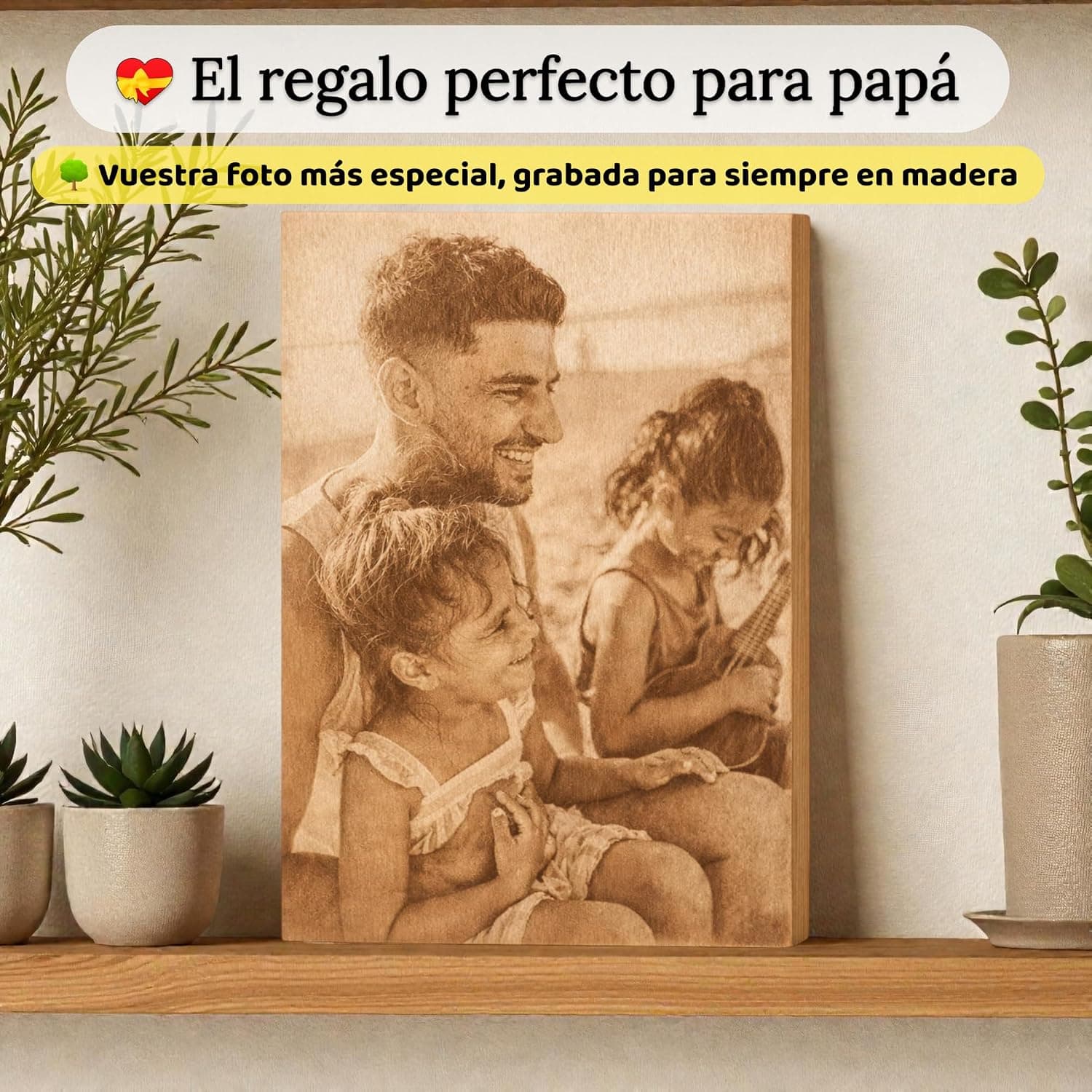 Cuadro de madera natural con una foto grabada y texto personalizado, listo para colgar
