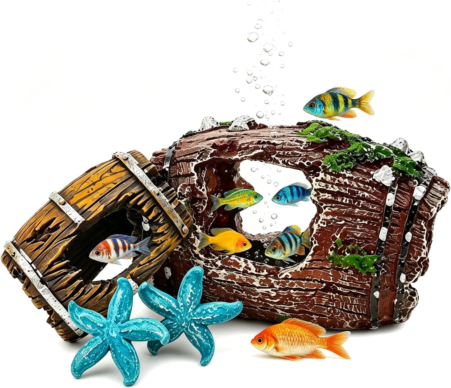 Decoración de acuario con tronco hueco de resina y peces de colores alrededor