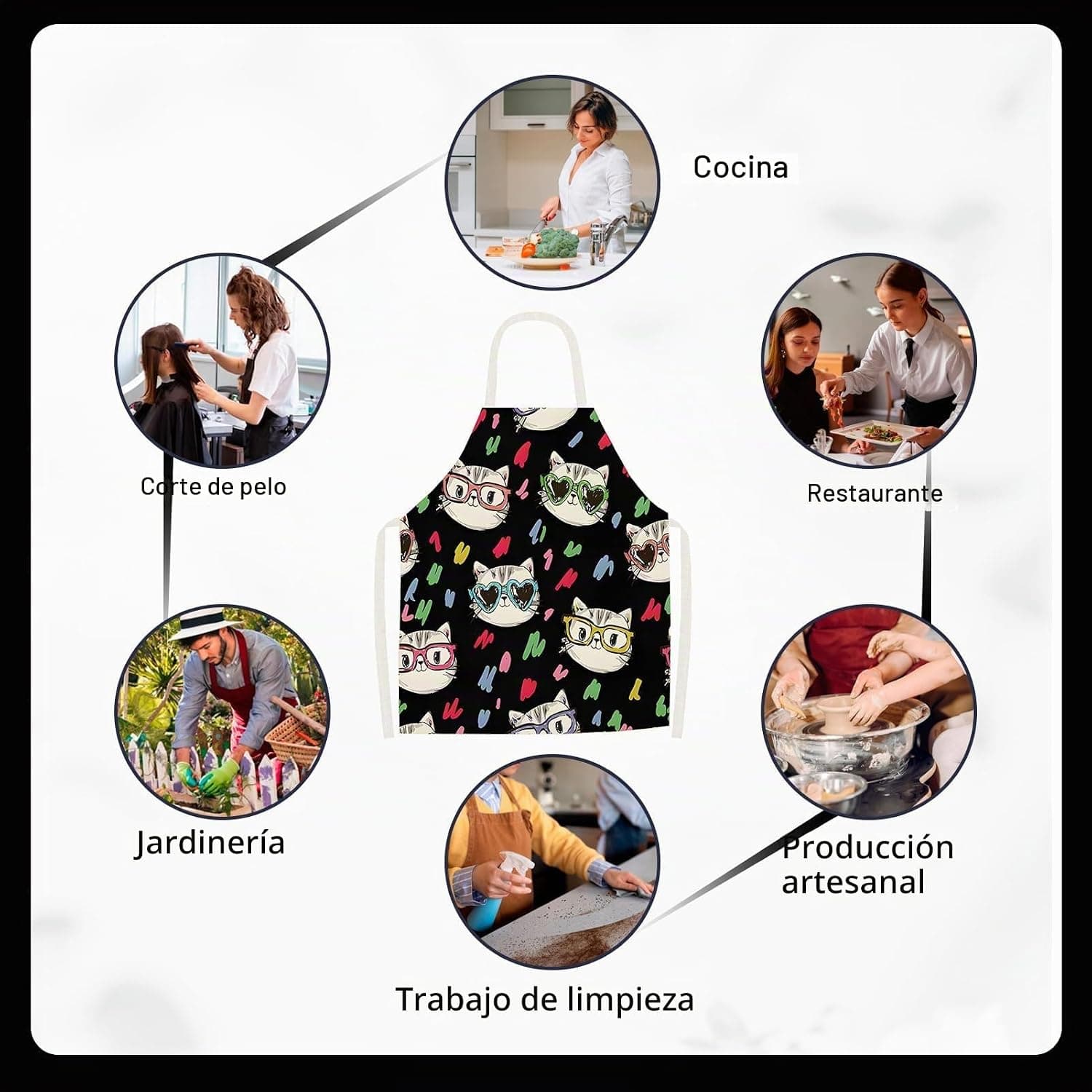 Delantal de cocina con estampado de gato cómic, foto 3