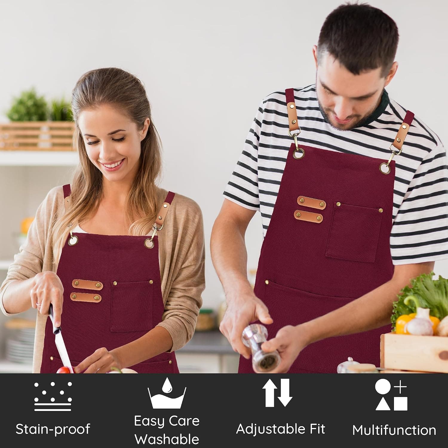 Delantal de lona puesto por una pareja mientras cocina